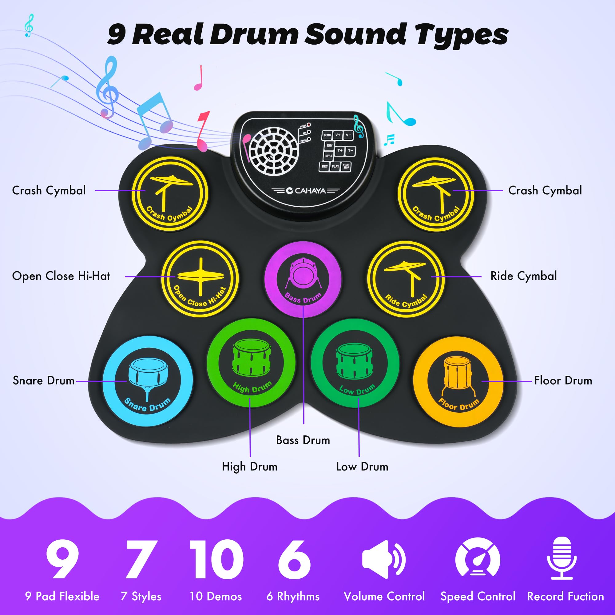 Cahaya Electronic Drum Pad Set: Foldable 9 Pad Practice Electronic Drum Pad Set With Integrated Speaker Foot Pedals And Drumstic