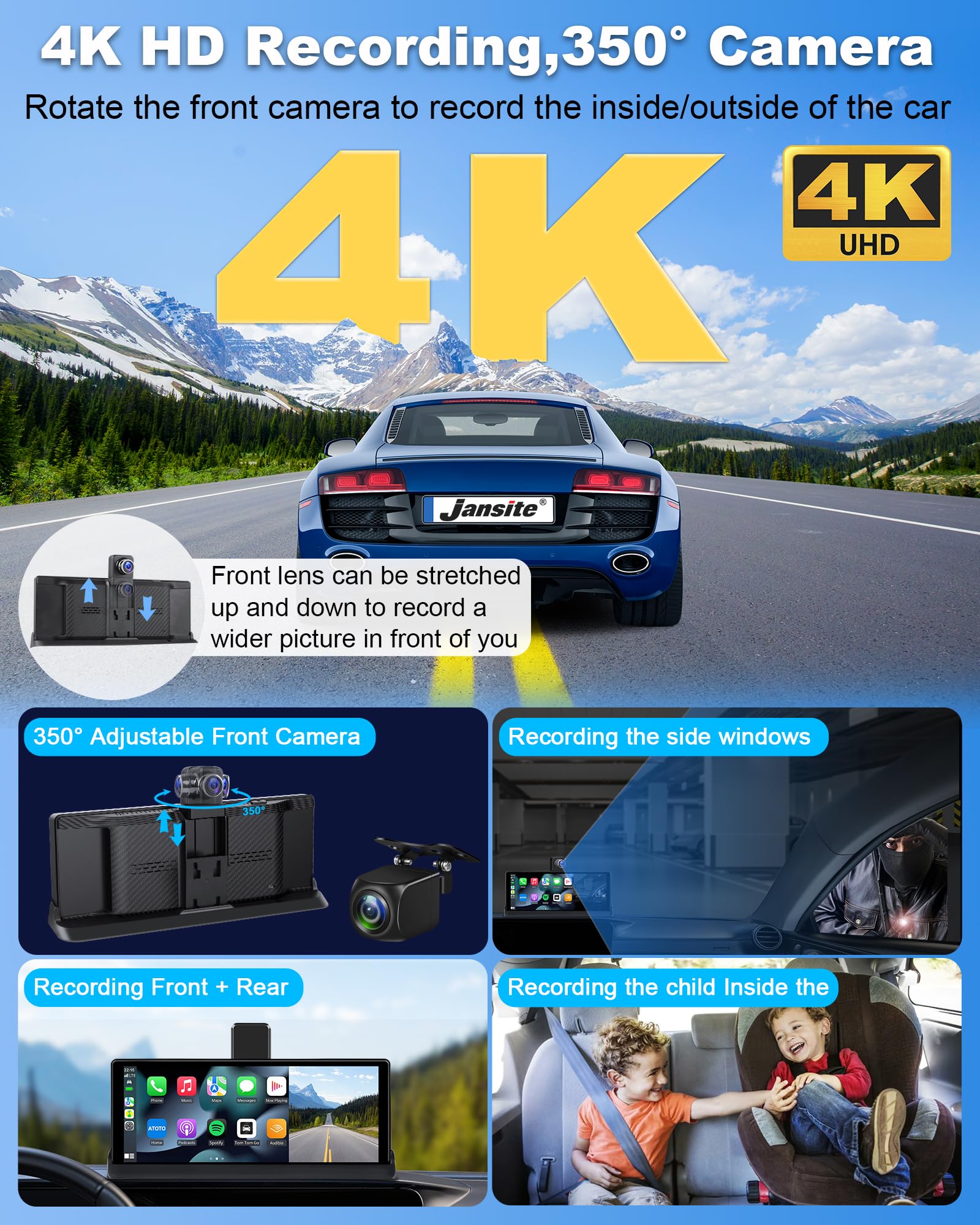 4K Apple Carplay With 350 Rotatable Camera 10.26'' Carplay Screen For Car Auto Brightness Wireless Carplay & Android Auto Naviga