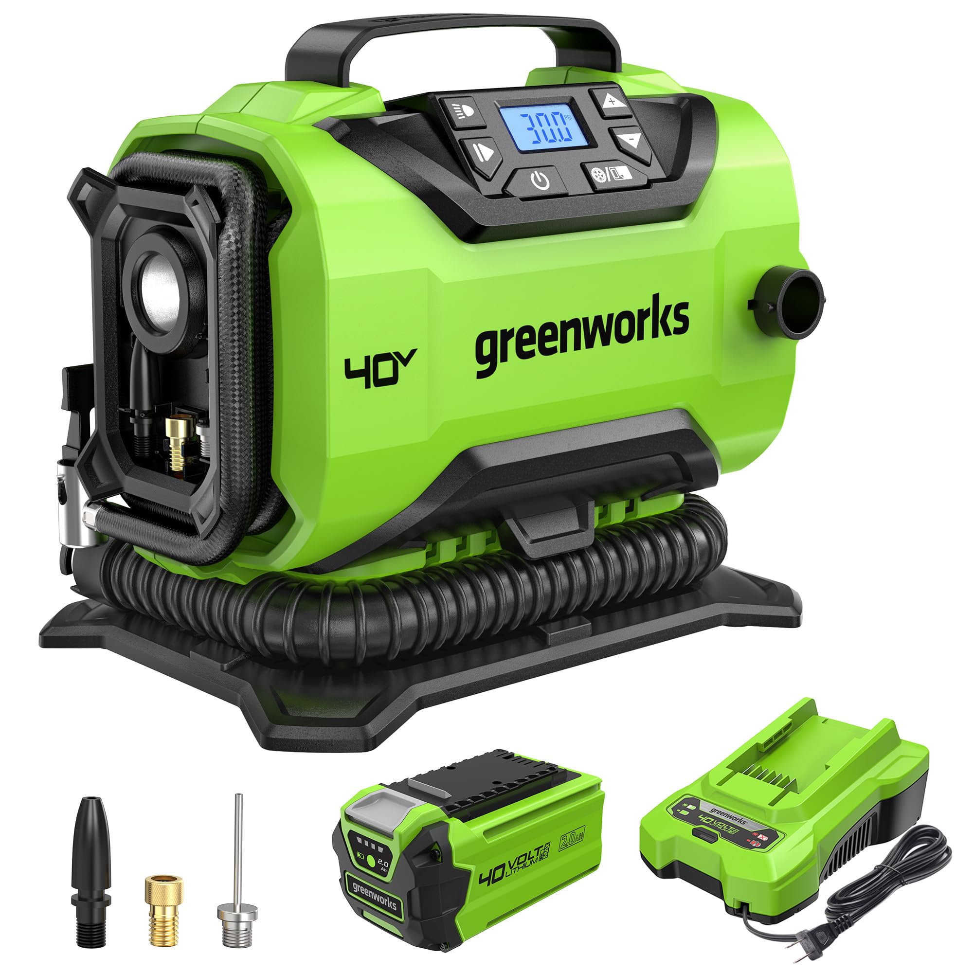 Greenworks 40V Cordless Tire Inflator, 160 PSI Portable Air Compressor, 2 Power Sources, Auto Shut Off, for Car, Bicycle, Motorc
