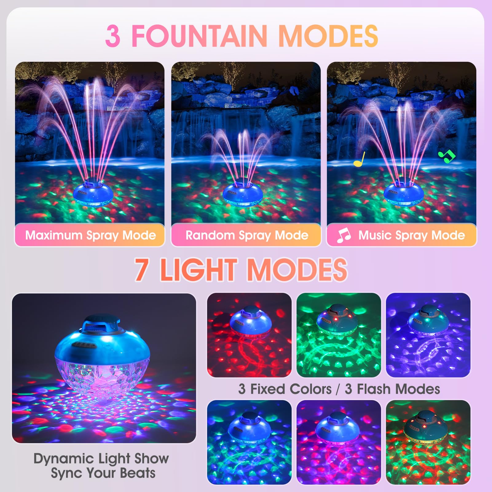 Blufree Bluetooth Pool Speaker W/Colorful Pool Fountain Light, 3 In 1 Floating Pool Speaker Loud Sound, Ip68 Waterproof Floating