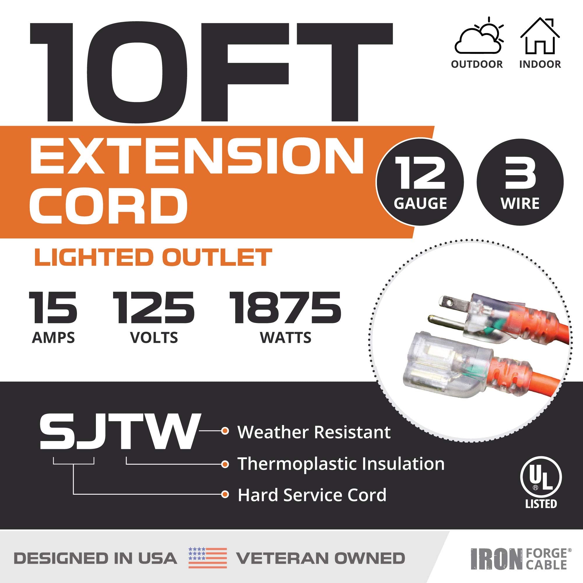 Iron Forge Cable 12 Gauge Extension Cord 10 Ft, 12/3 Sjtw 10 Foot Heavy Duty Extension Cord Outdoor 3 Prong, Weatherproof Orange