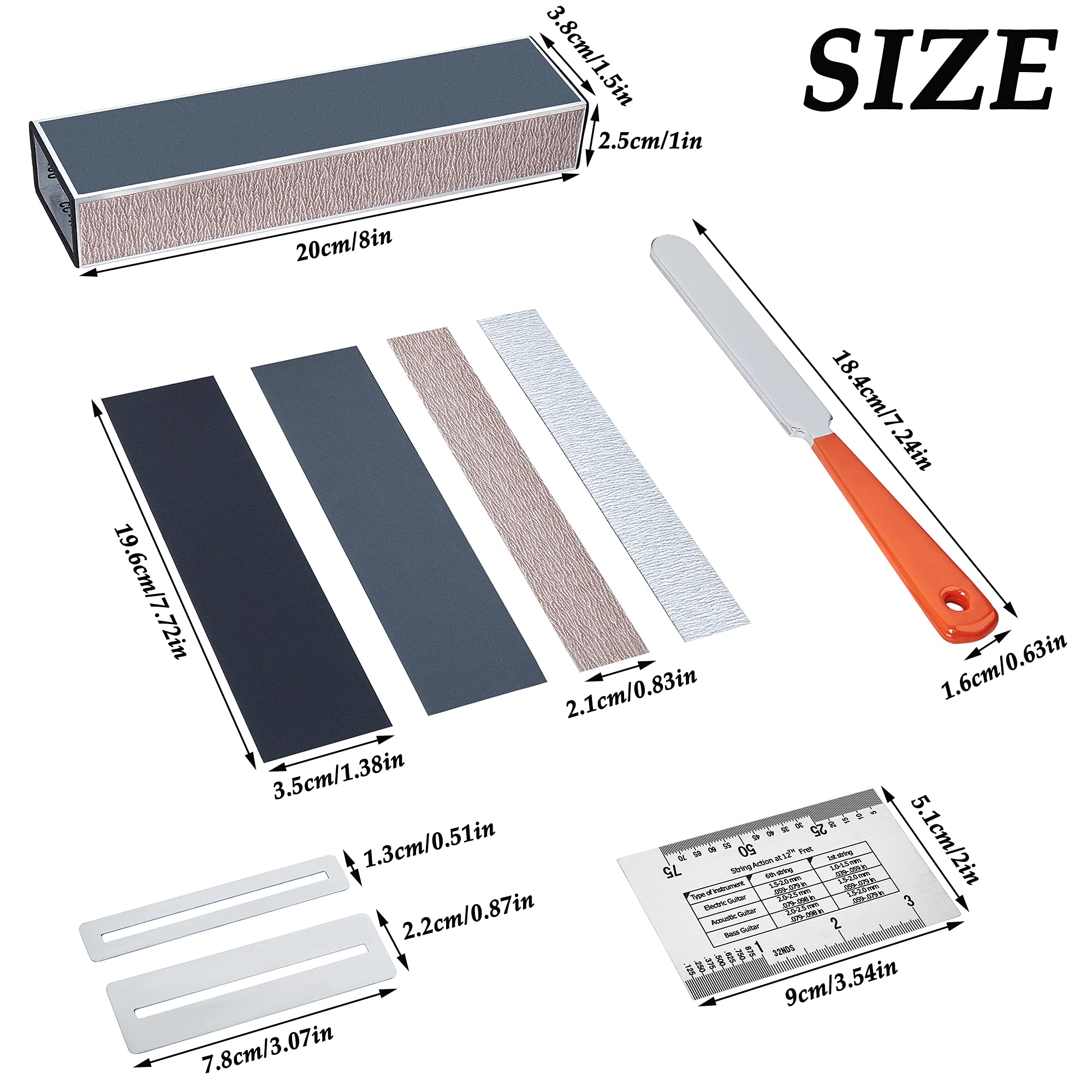 Miecoo 19Pcs Guitar Repair Tool Kit With 8 Inch Guitar Fret Leveling Beam, 9 Understring Radius Gauge, Fret Crowning File, Strin