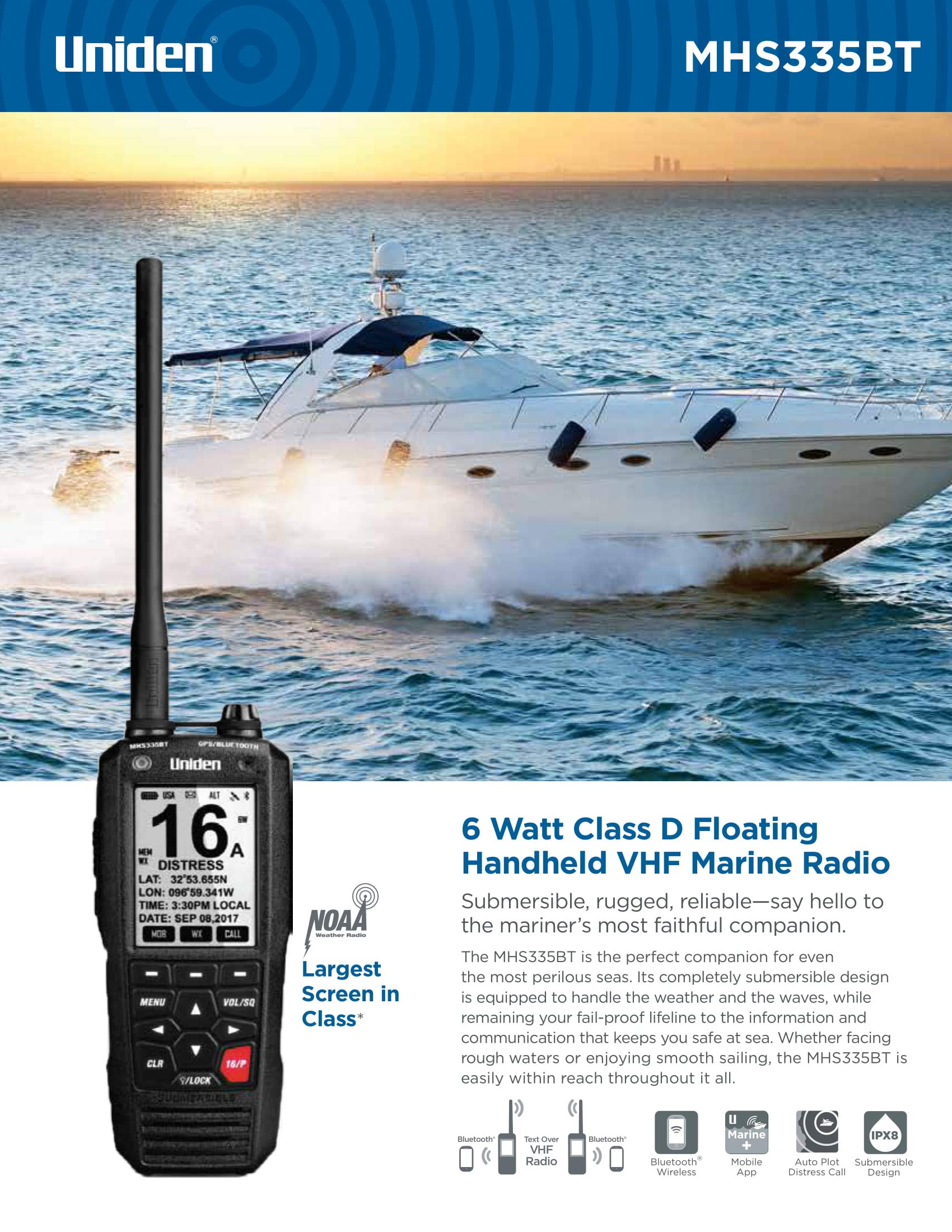 Uniden Mhs335Bt 6W Class D Floating Handheld Vhf Marine Radio With Bluetooth, Text Message Directly To Other Vhf Text Message Ca