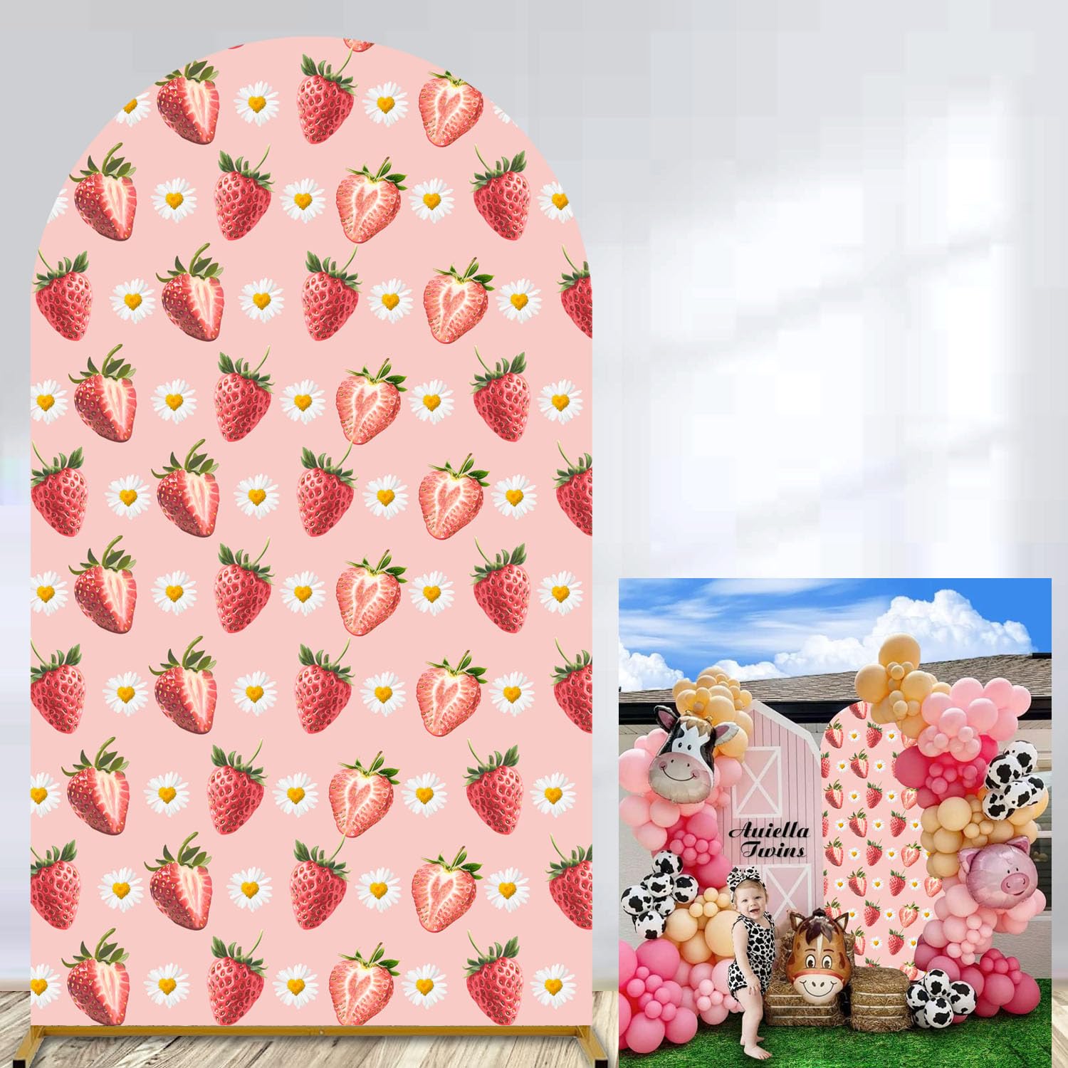 Strawberry Arch Covers Stretchy Backdrop Pink Daisy Sweet Photo Booth Background Arched Backdrop Cover Girls Birthday Baby Showe