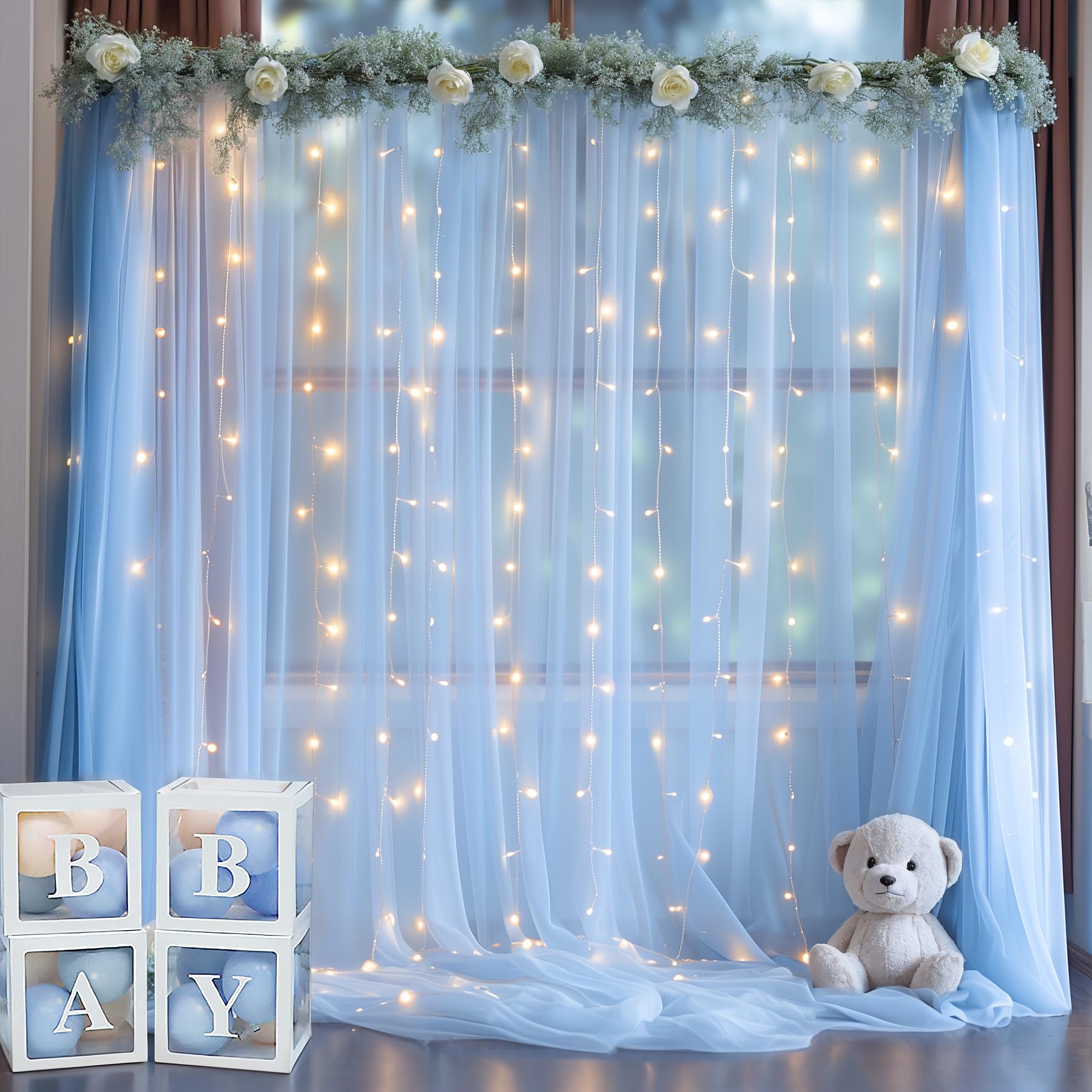 20X10Ft Baby Blue Tulle Backdrop Curtain With Lights String For Parites, Sheer Backdrop Curtains For Wedding Baby Shower Birthda
