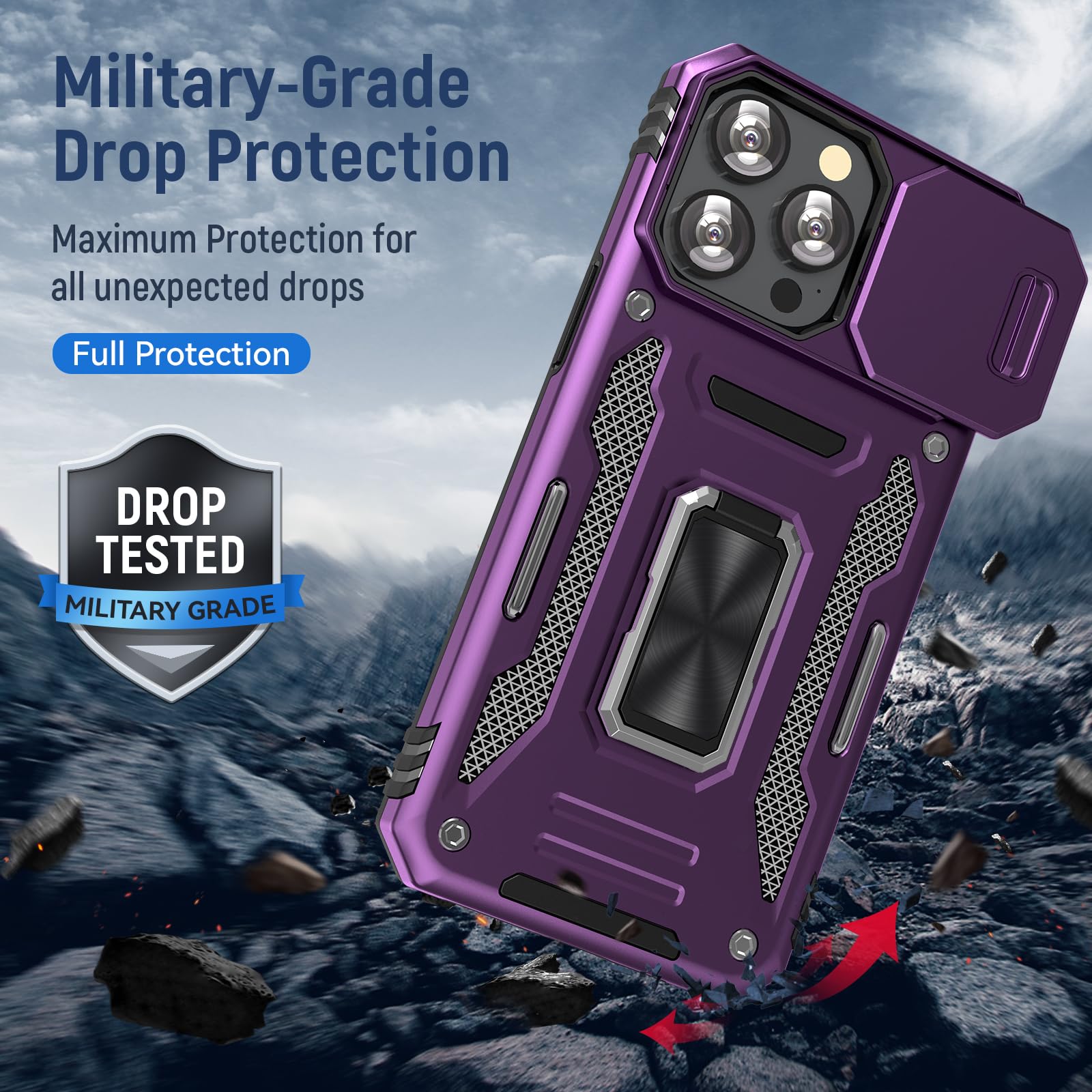 Sefing Case For Iphone 15 Pro Max Iphone Case Iphone 15 Pro Max Phone Case With Camera Lens Cover, With Ring Holder Kickstand, F