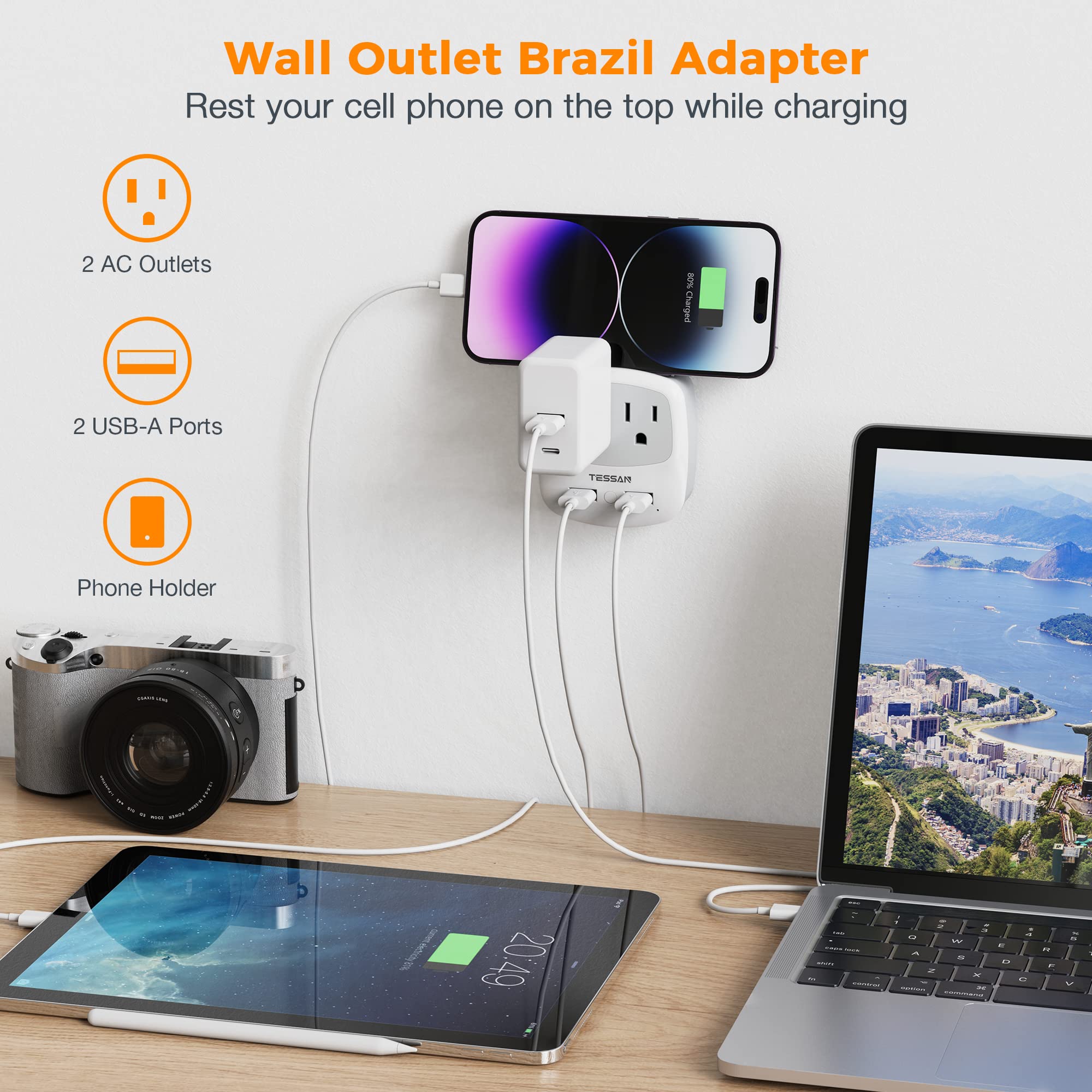 Tessan Brazil Power Adapter, Us To Brazil Plug Adaptor With 2 American Outlets And 2 Usb Charging Ports, Type N Travel Converter