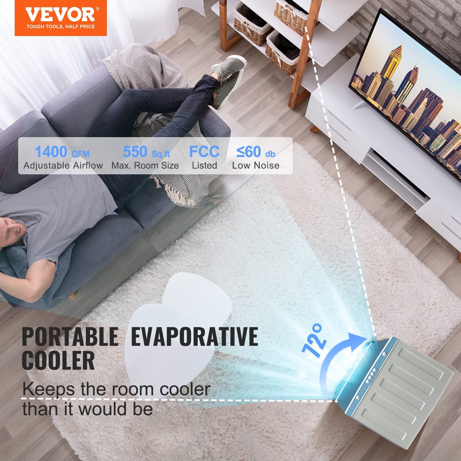 Vevor Evaporative Air Cooler,100W 1400Cfm Swamp Cooler With 5 Gallon Water Tank,Humidifying,3 Modes & Speeds Portable 3-In-1 Coo