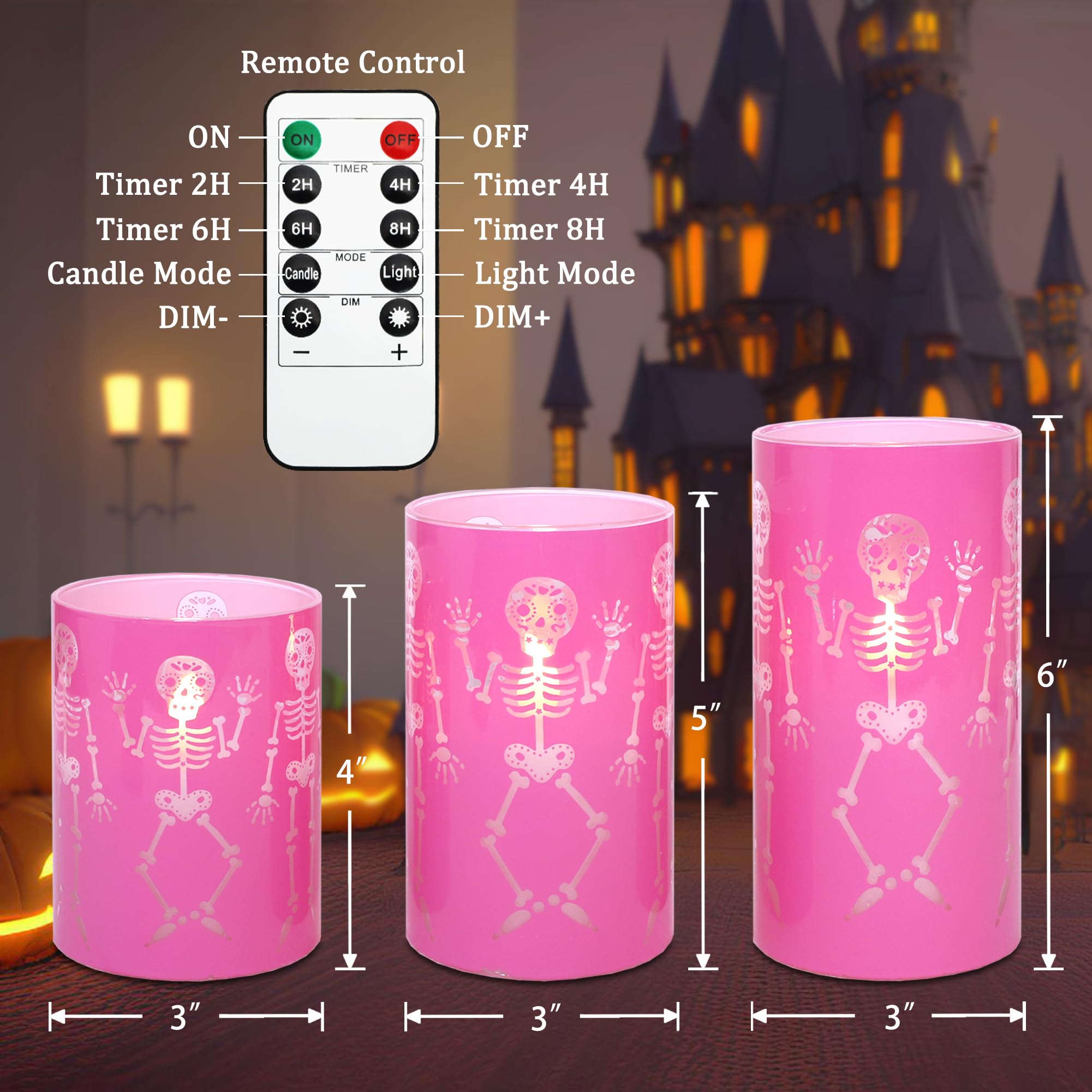 Flavcharm Glass Flameless Candles Halloween Gothic Decor Battery Operated Electric Flickering Candles With Remote Control Pink F