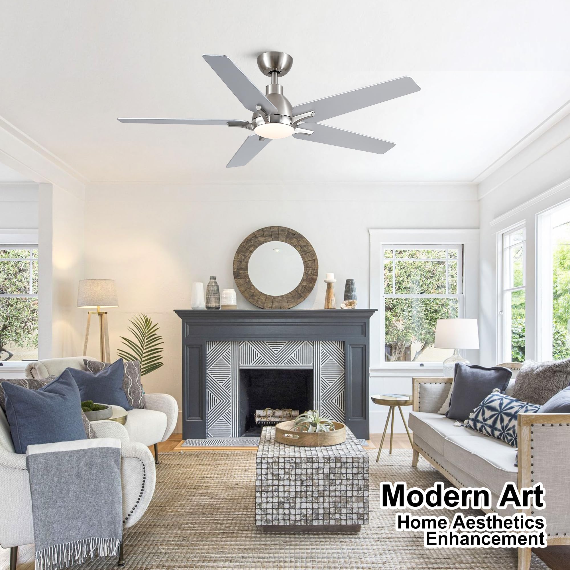 Putroad 52 Inch Ceiling Fans With Lights And Remote, Brushed Nickel Modern Ceiling Fan For Bedroom, Living Room, Dining Room, Pa