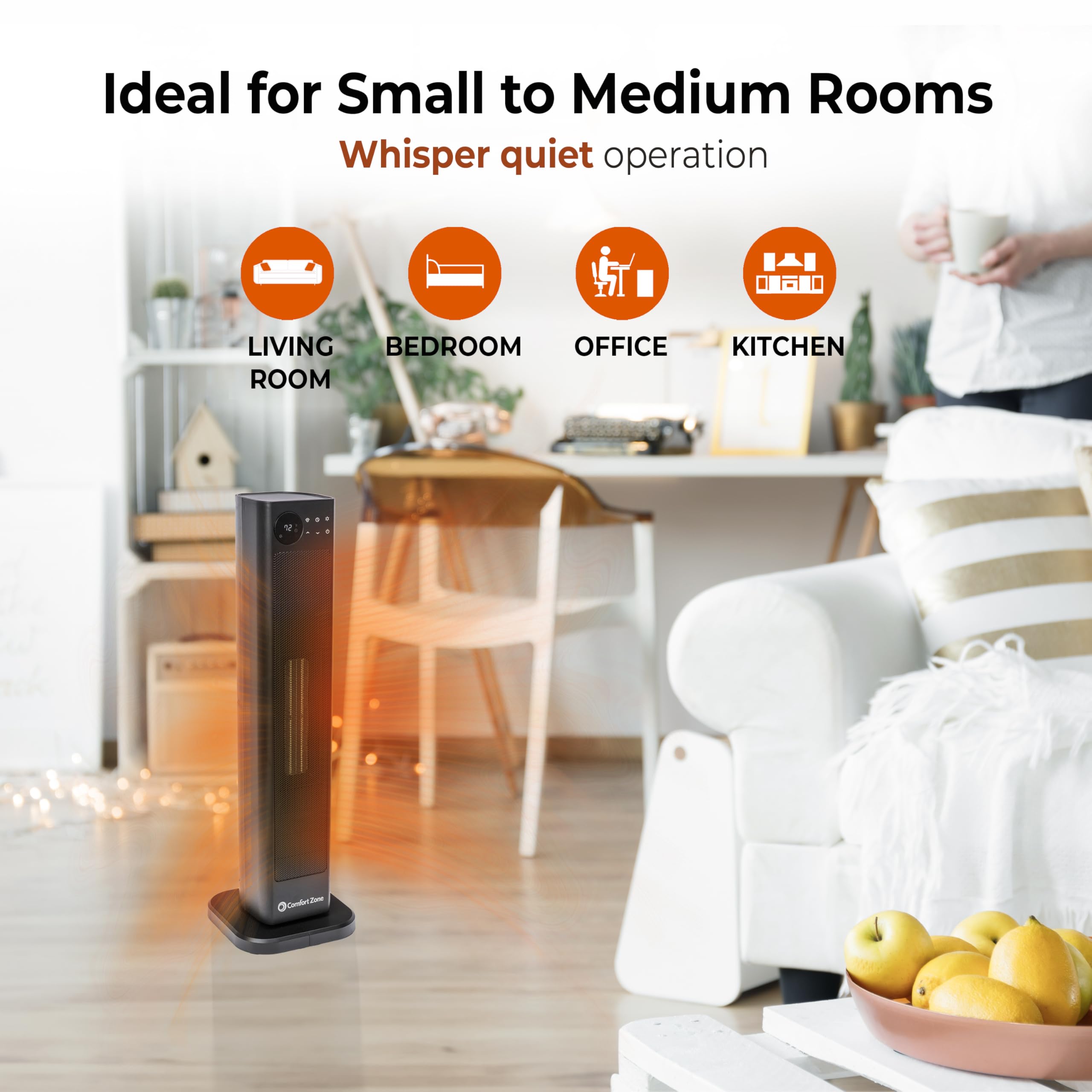 Comfort Zone Space Heaters For Indoor Use, 30 Inch, Remote Control, Adjustable Thermostat,12H Timer, 90 Degree Oscillation, Temp