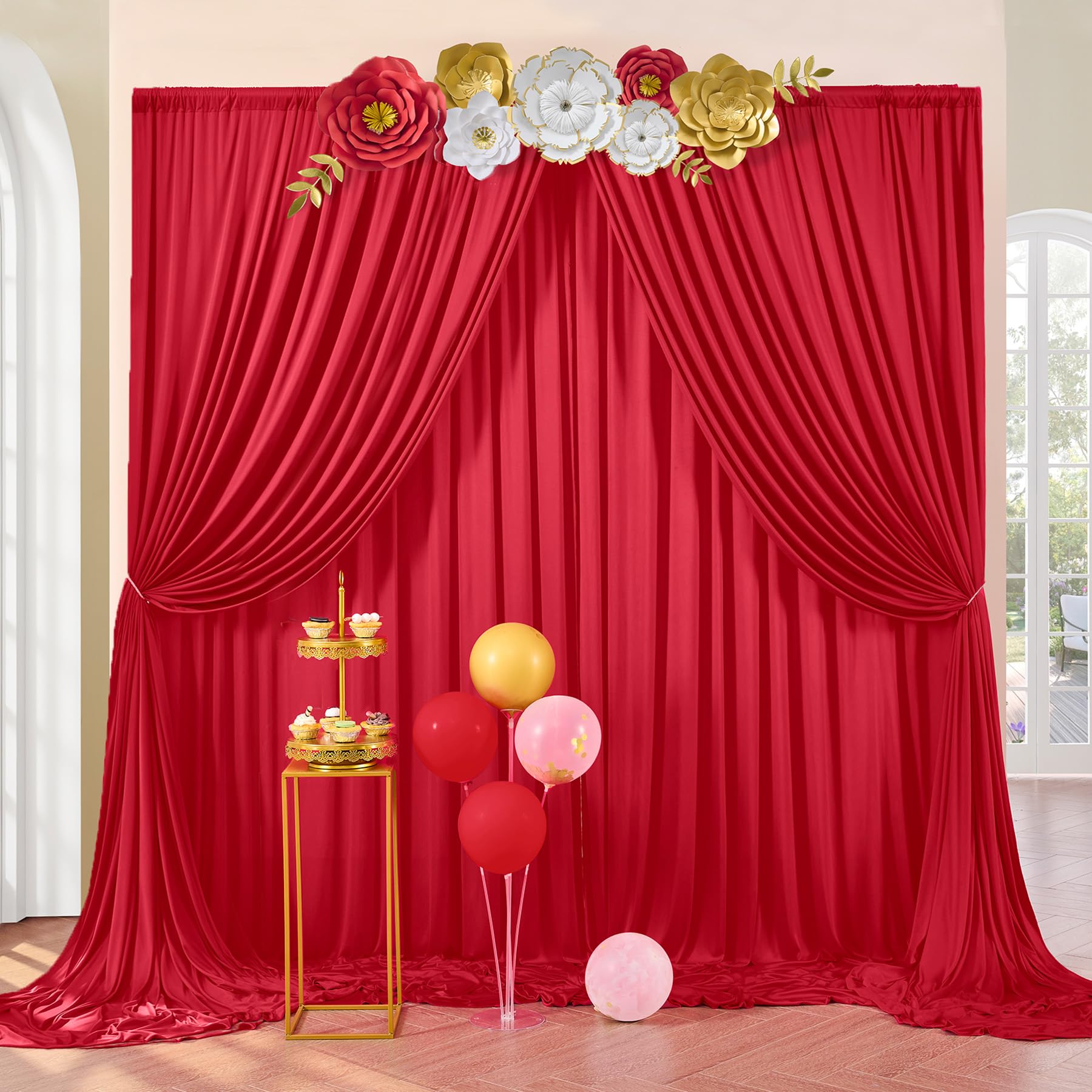 10Ft X 10Ft Wrinkle Free Red Backdrop Curtains For Parties, Polyester Photo Backdrop Drapes 2 Panels 5X10Ft For Weddings Birthda