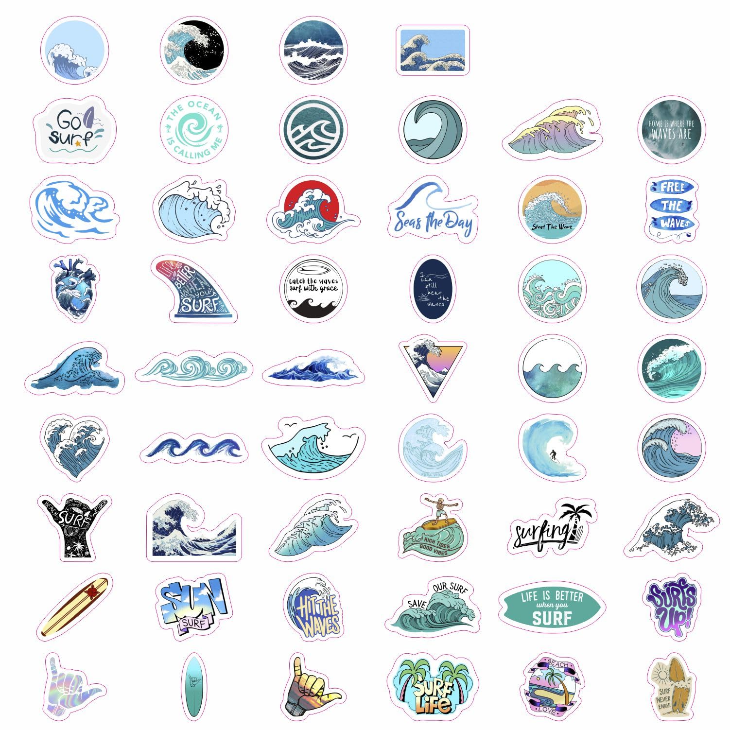 Surf & Wave Stickers For Water Bottle And Laptop   Ocean Party Favors & Decorations, Waterproof Vinyl Beach Decals, Surfing And