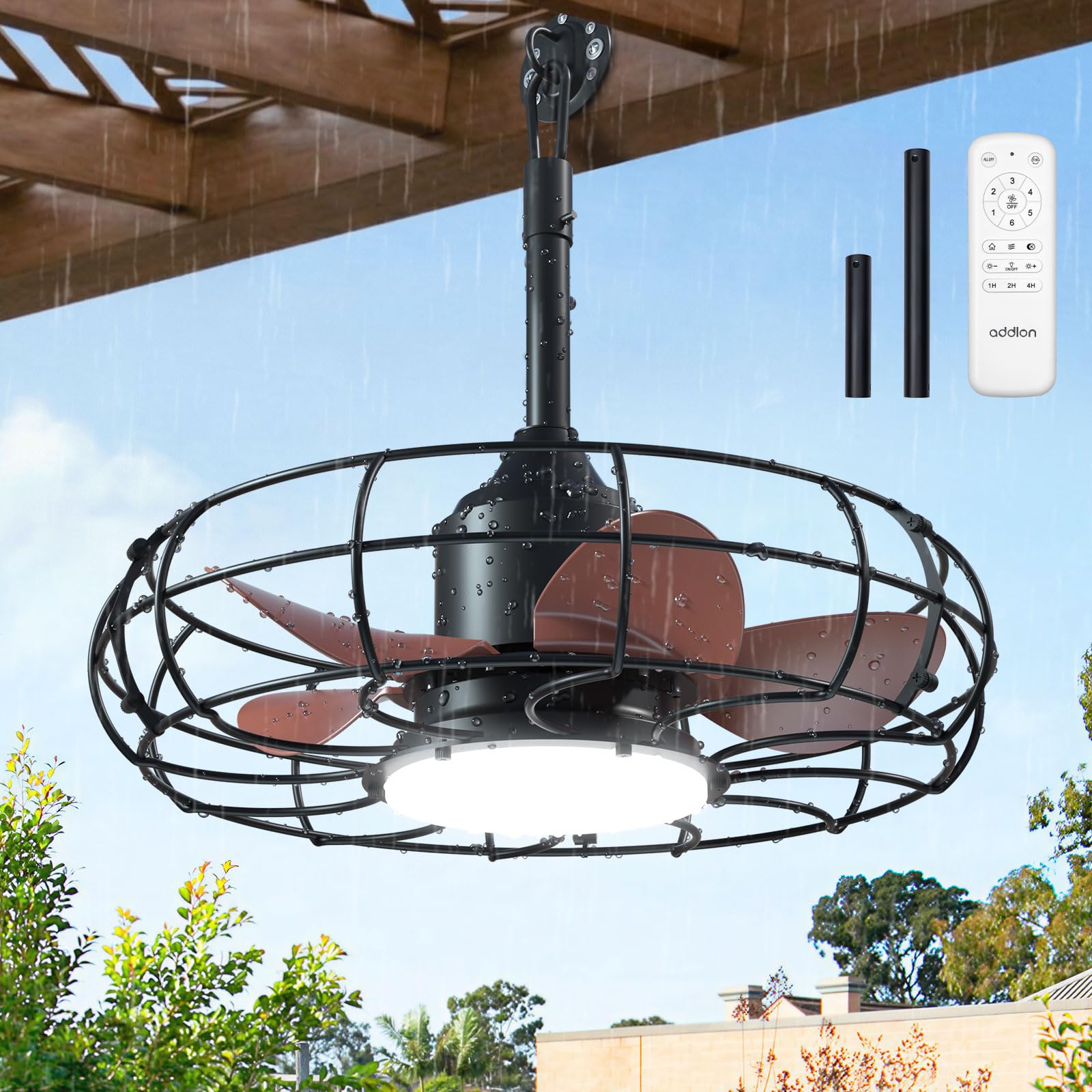 addlon 20 Inch Outdoor Ceiling Fan with Light for Patio, IP65 Waterproof Plug in Caged Hanging Fan, Remote Control, 3000-6000K D