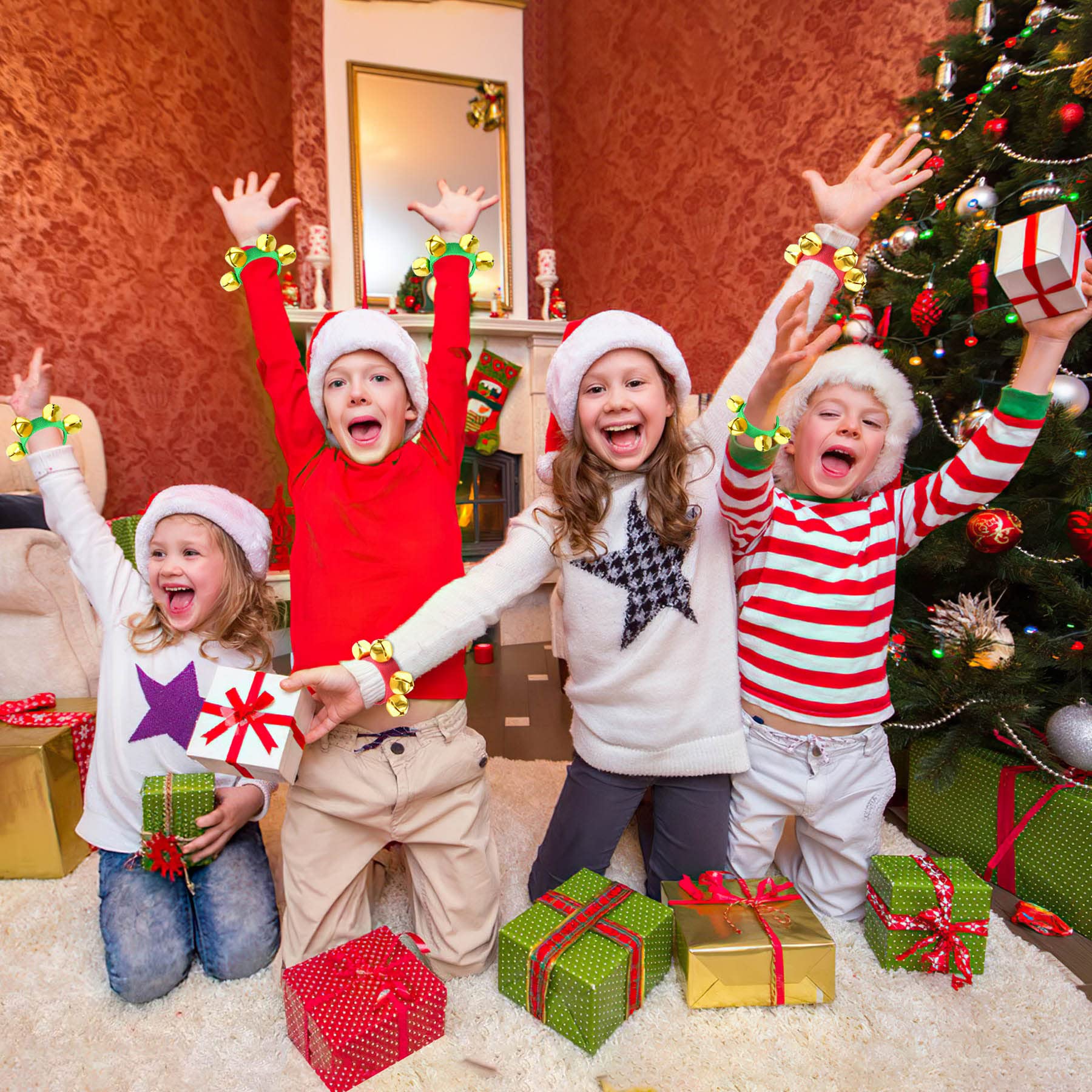 Augshy 12 Packs Christmas Wristbands Jingle Bells With Gold Bells, Bracelet Ankle Bells Musical Instruments For Christmas Gifts