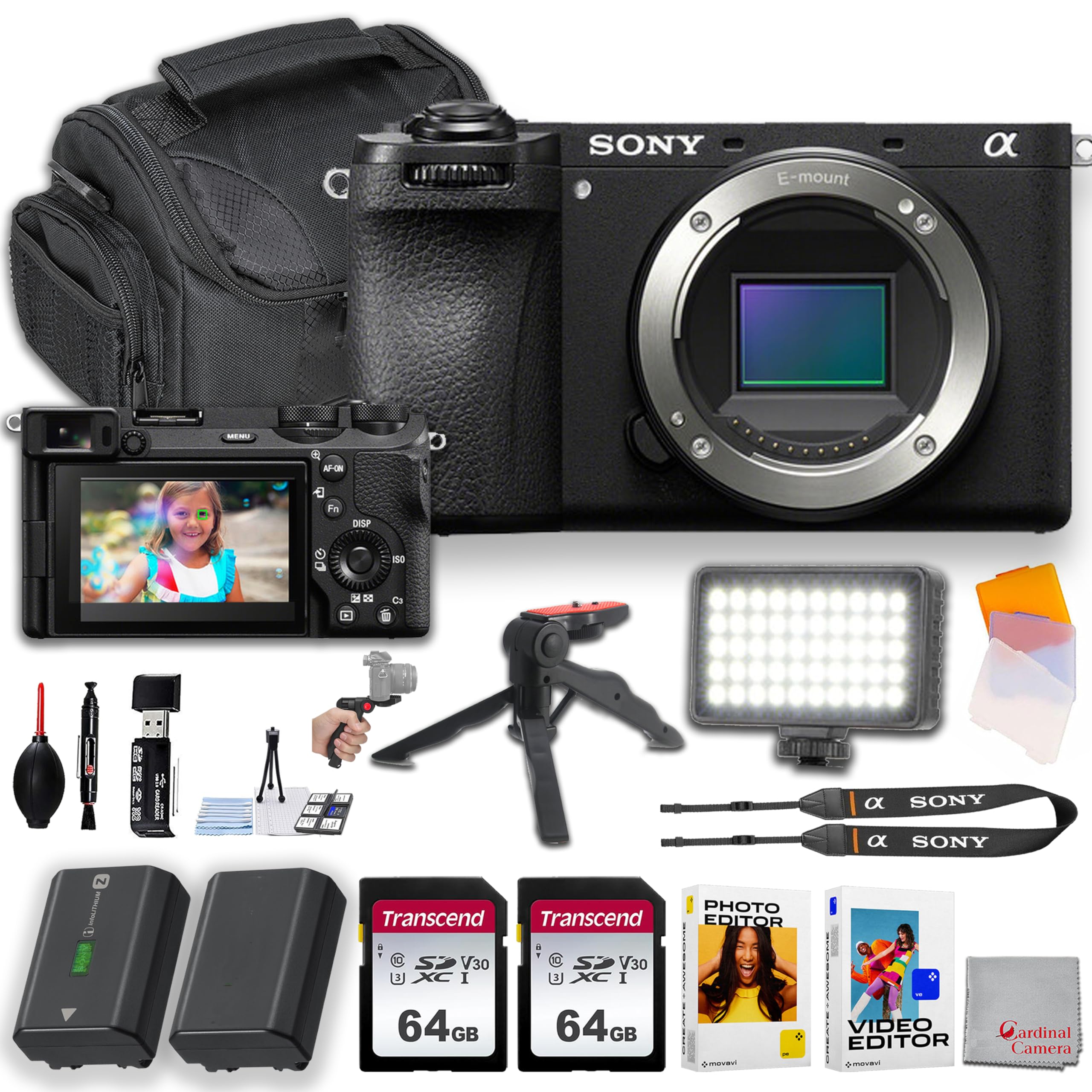 Sony a6700 Mirrorless Camera (Body) | 26MP | 2pc 64GB Extreme Memory, LED Video Light, Extra Battery, Editing Software and Tripo