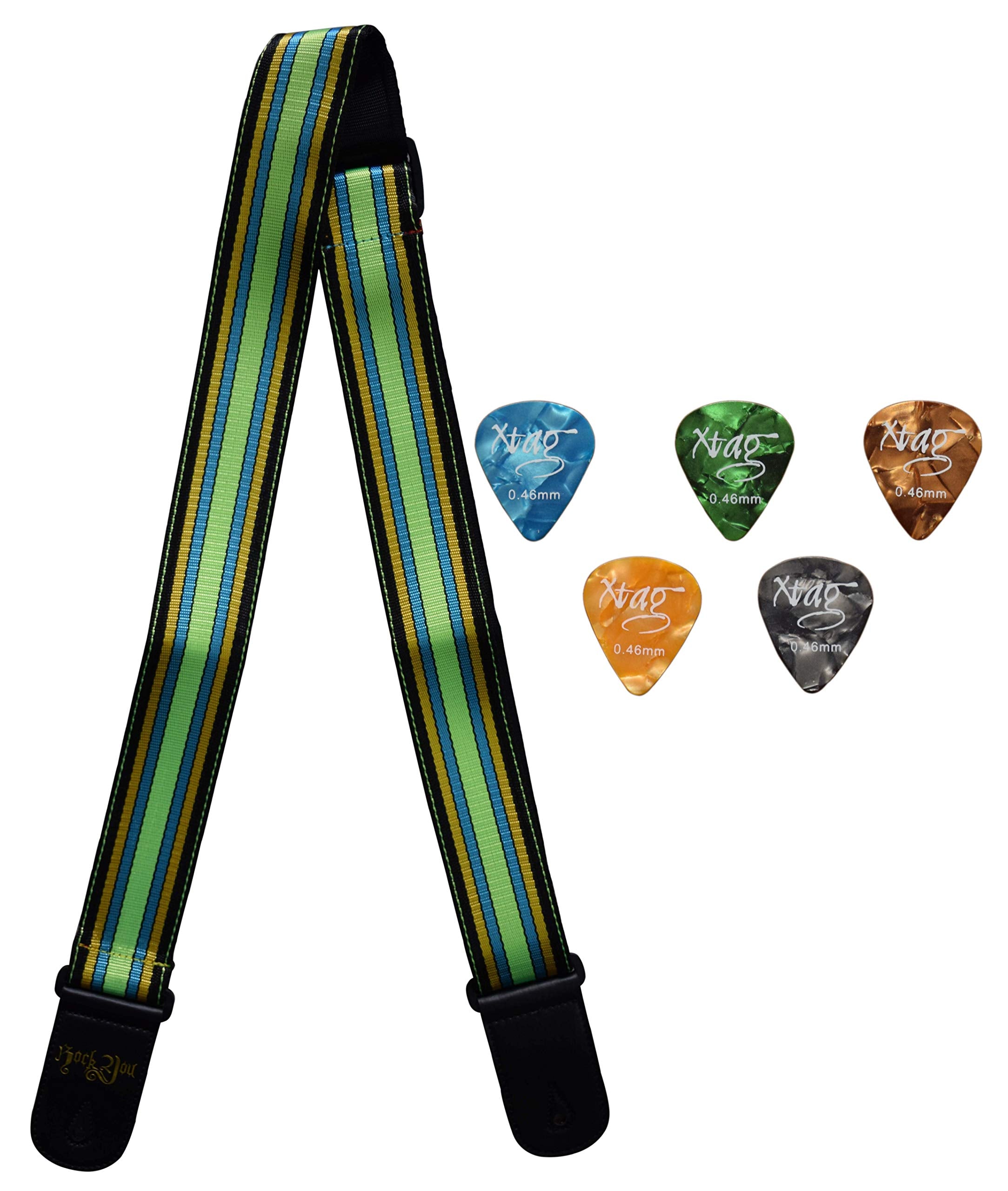Soft Leather Belt/Strap For Acoustic Electric Bass Guitar With Guitar Picks (Lines)