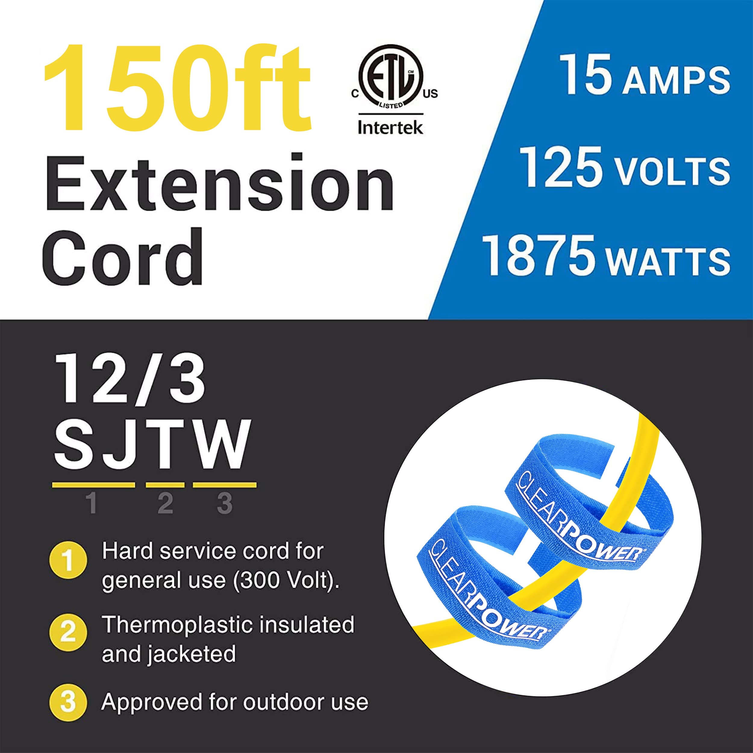 Clear Power 150Ft 12/3 Sjtw 15Amps Yellow Outdoor Extension Cord W/Power Indicator Light & 2Ft 12/3 Stw Yellow Outdoor 3 Outlet