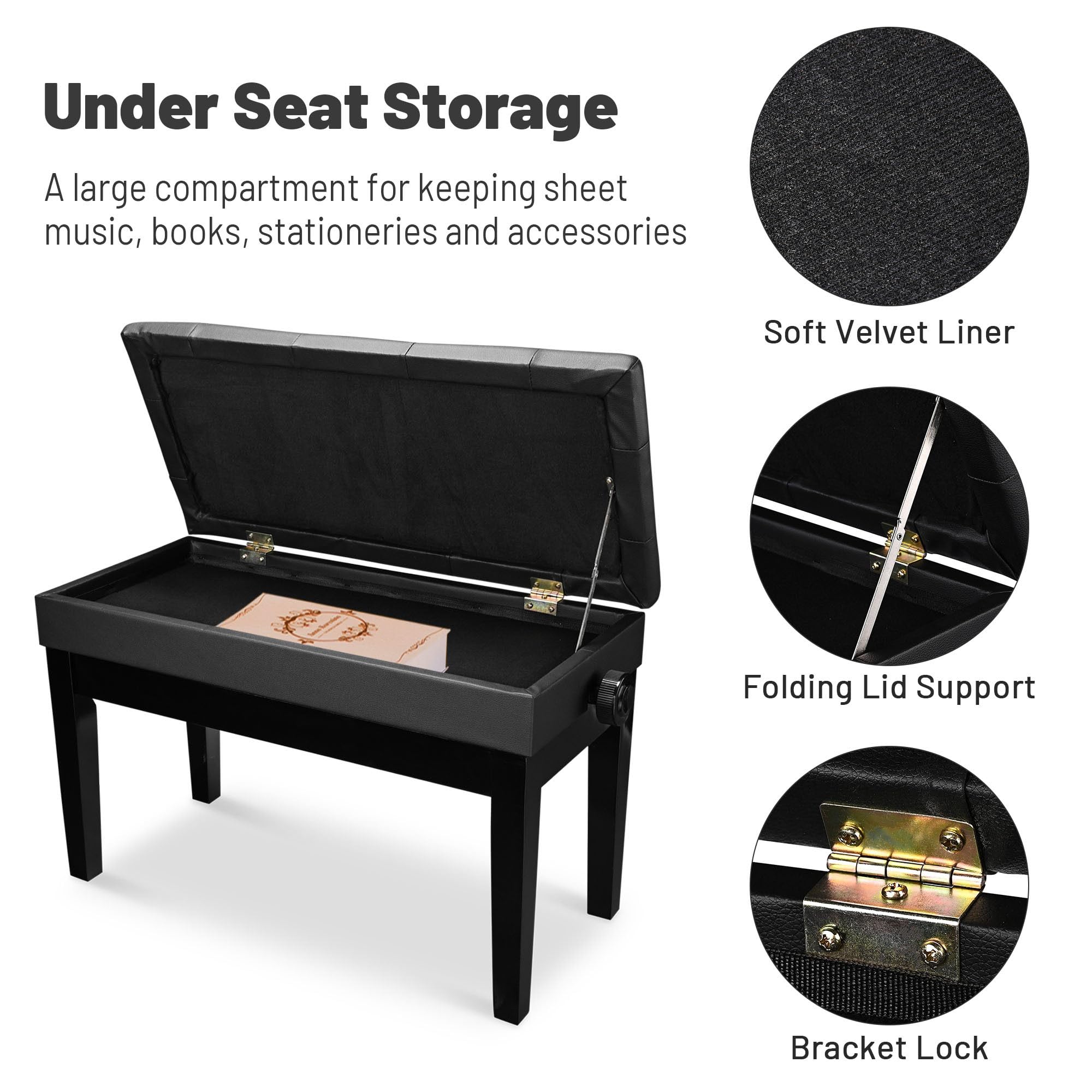 Aw Adjustable Duet Piano Bench Pu Leather Padded Wooden Keyboard Stool Storage For Music Books Black
