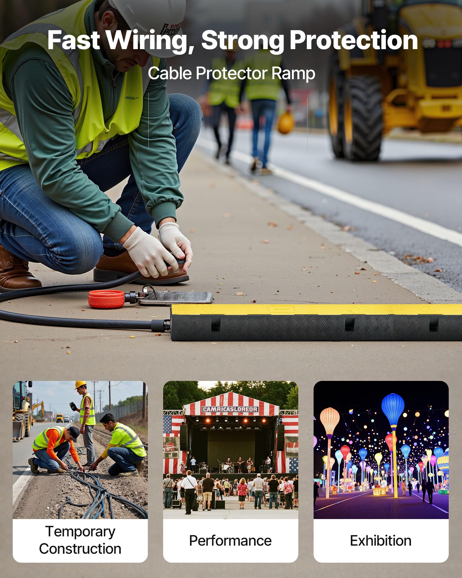 Vevor Cable Protector Ramp, 1 Channel Heavy Duty 39.37 Rubber Cord Hose Wire Cover, 2.76W X 1.97H Channel Size, Traffic Sp