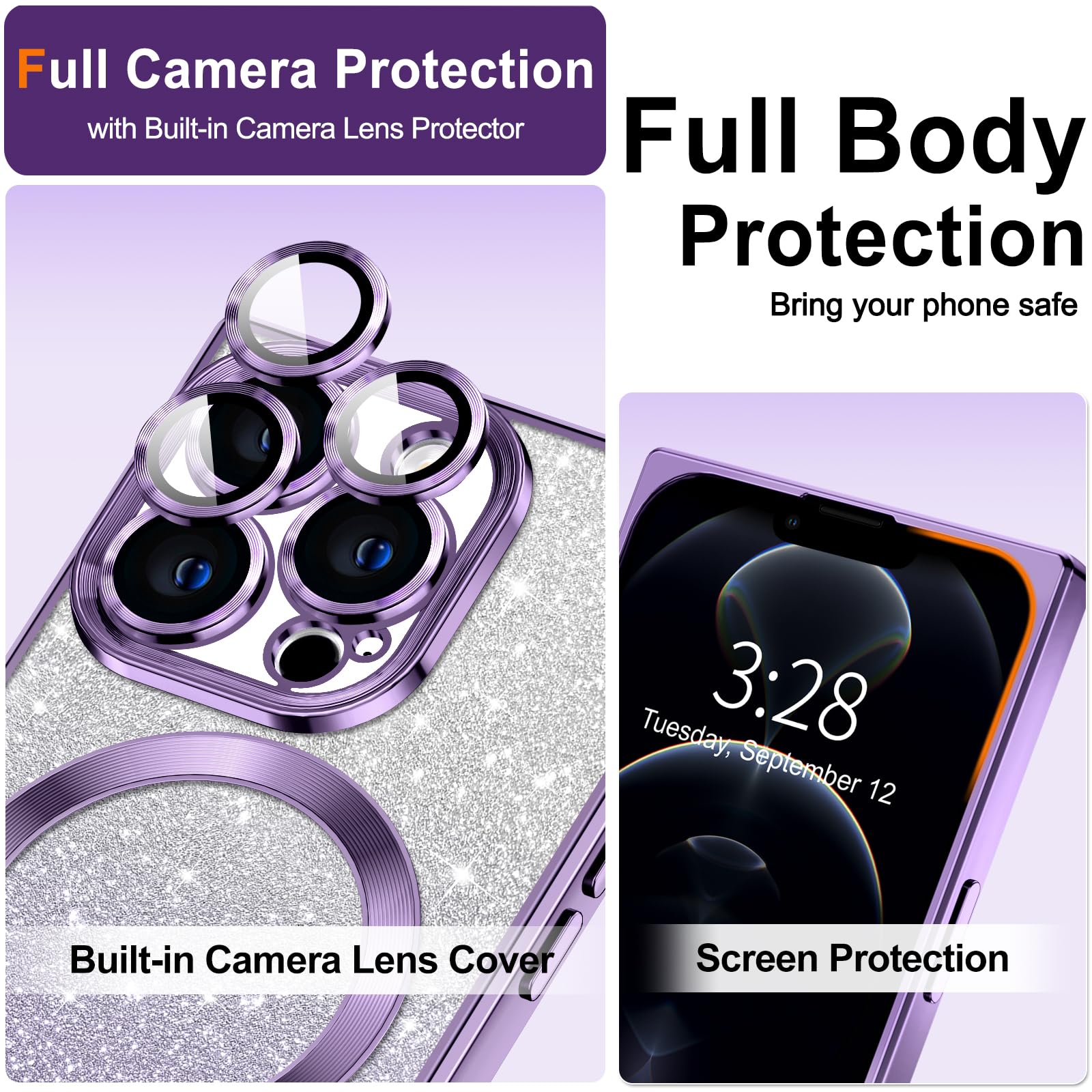 Hython For Iphone 12 Pro Case Clear Magnetic Glitter Phone Cases [Compatible With Magsafe] Full Camera Lens Protector Gradient S