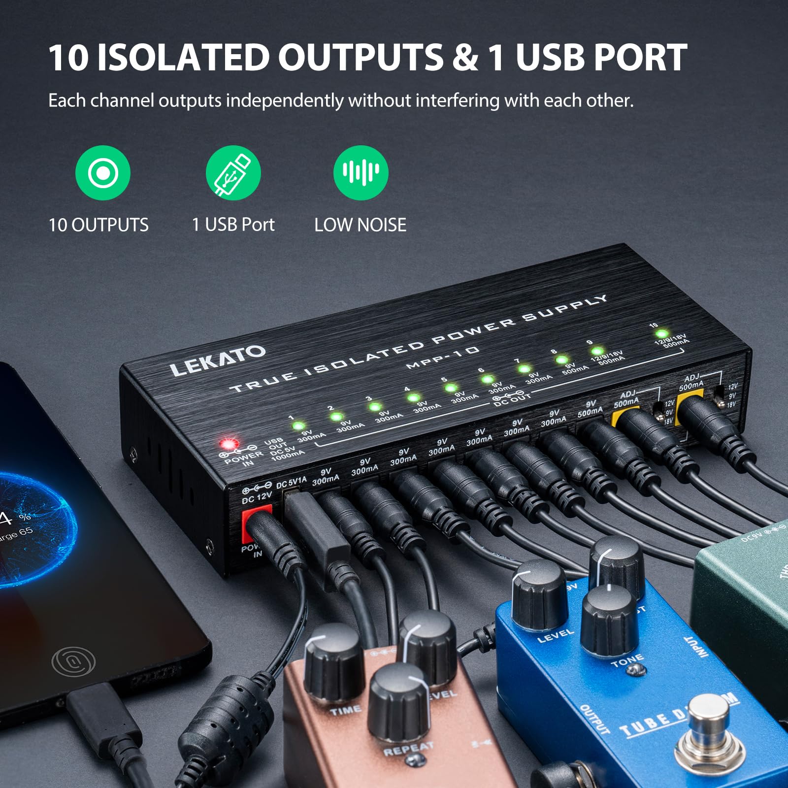 Lekato Guitar Pedal Power Supply, True Isolated Pedal Power Supply With 10 Ports, Usb Port, Short Circuit Protection, Guitar Ped