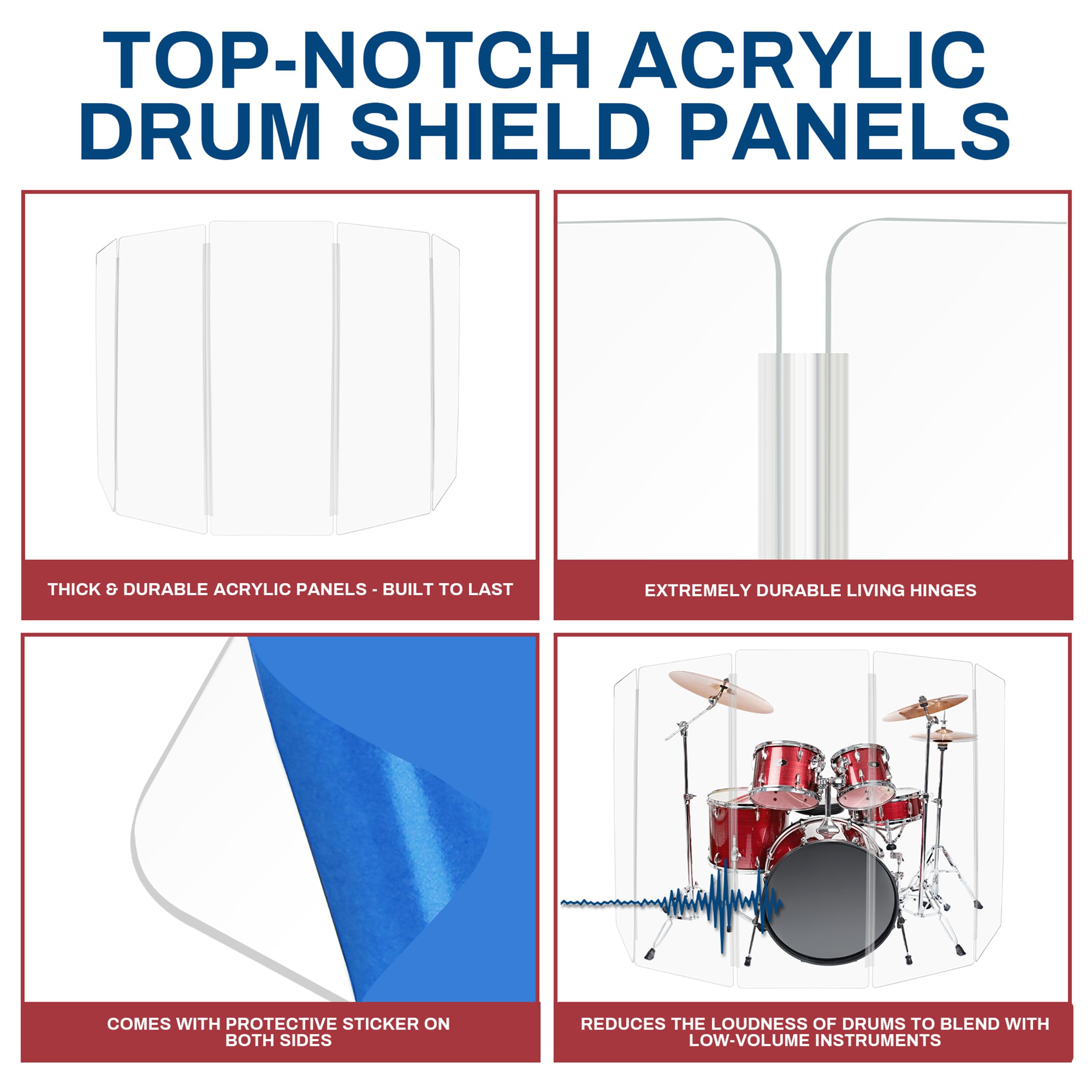 Pennzoni Drum Shield 5Ft W/Plastic Hinges, Comes W/ 5 Drum Panels & Plastic Hinges, Premium Clear Acrylic Panels, Drum Screen