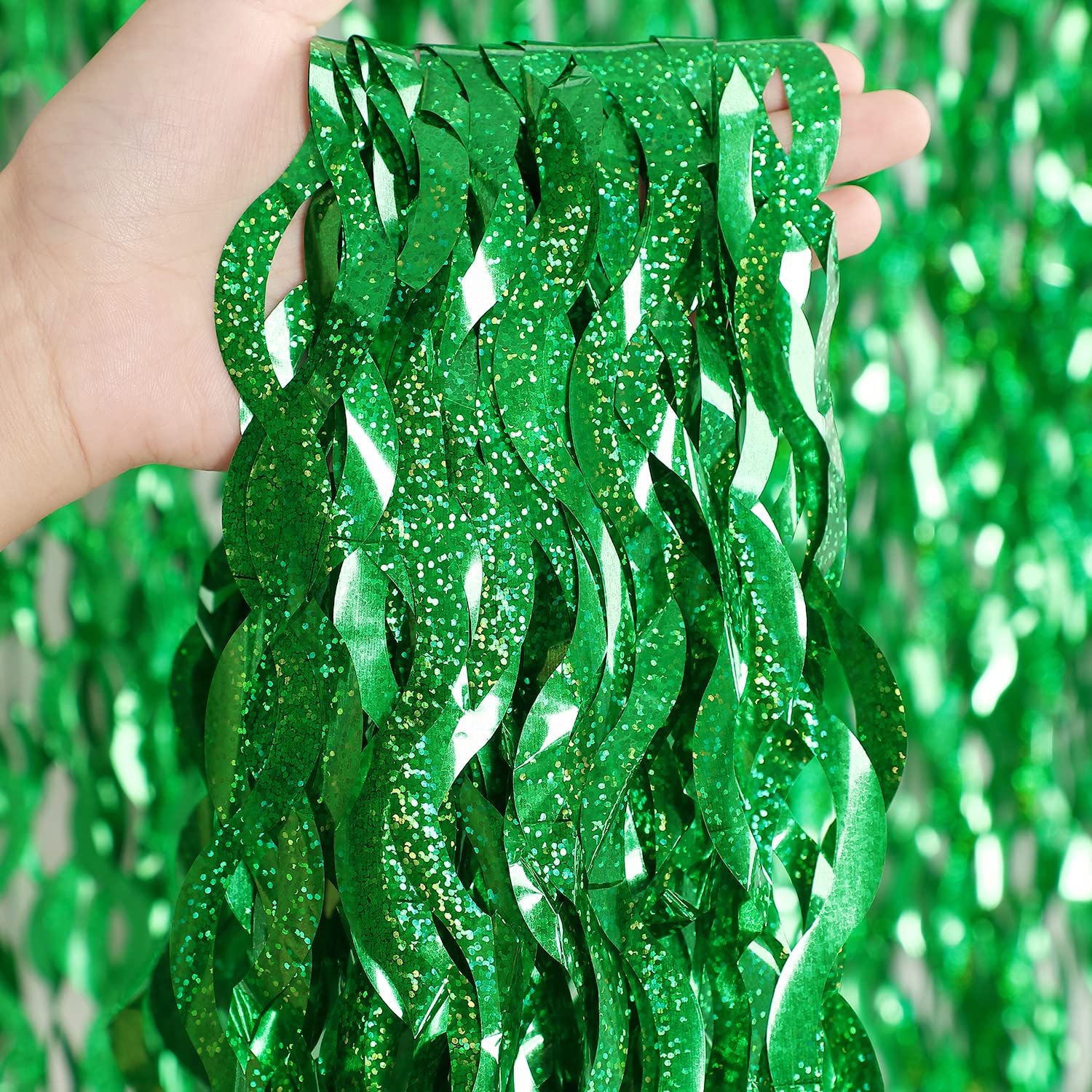 Green Foil Backdrop Curtain   Cylmfc 3 Pack 3.3 Ft X 6.6 Ft Birthday Streamers Party Curtains Decorations Backdrop Xmas Graduati