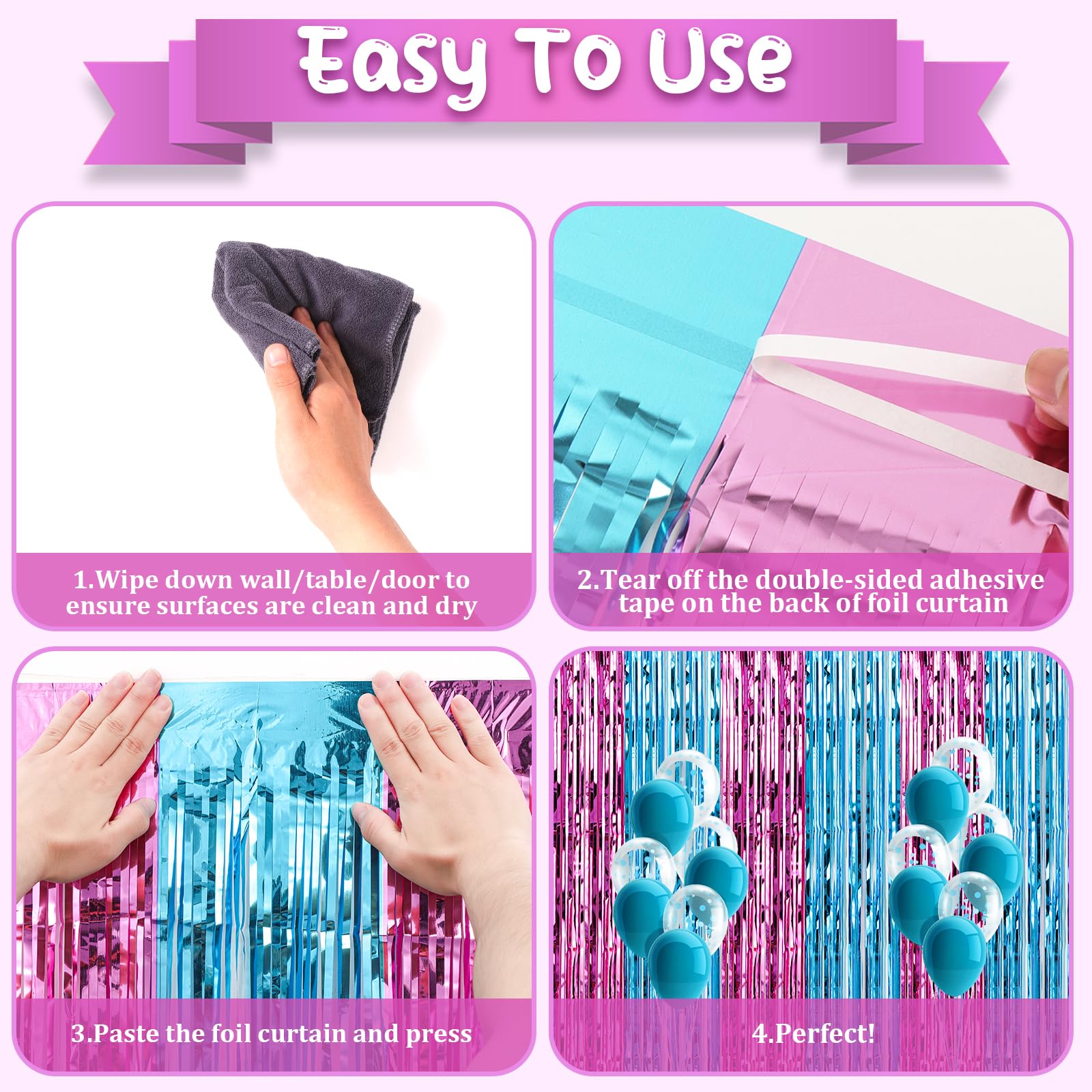 Voircoloria 2 Pack 3.3X8.2 Feet Blue And Pink Foil Fringe Backdrop Curtains, Tinsel Streamers Birthday Party Decorations, Fringe