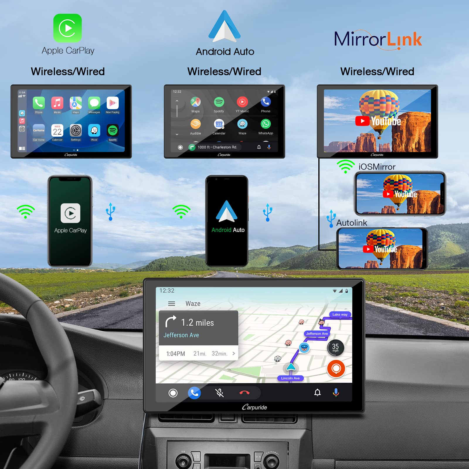 Carpuride W901 Pro Portable Carplay & Android Auto With Dula Bluetooth, 9 Inch 1080P Touch Screen, Mirror Link/Gps/Siri/Fm, Support Truck Dashboard Mounted