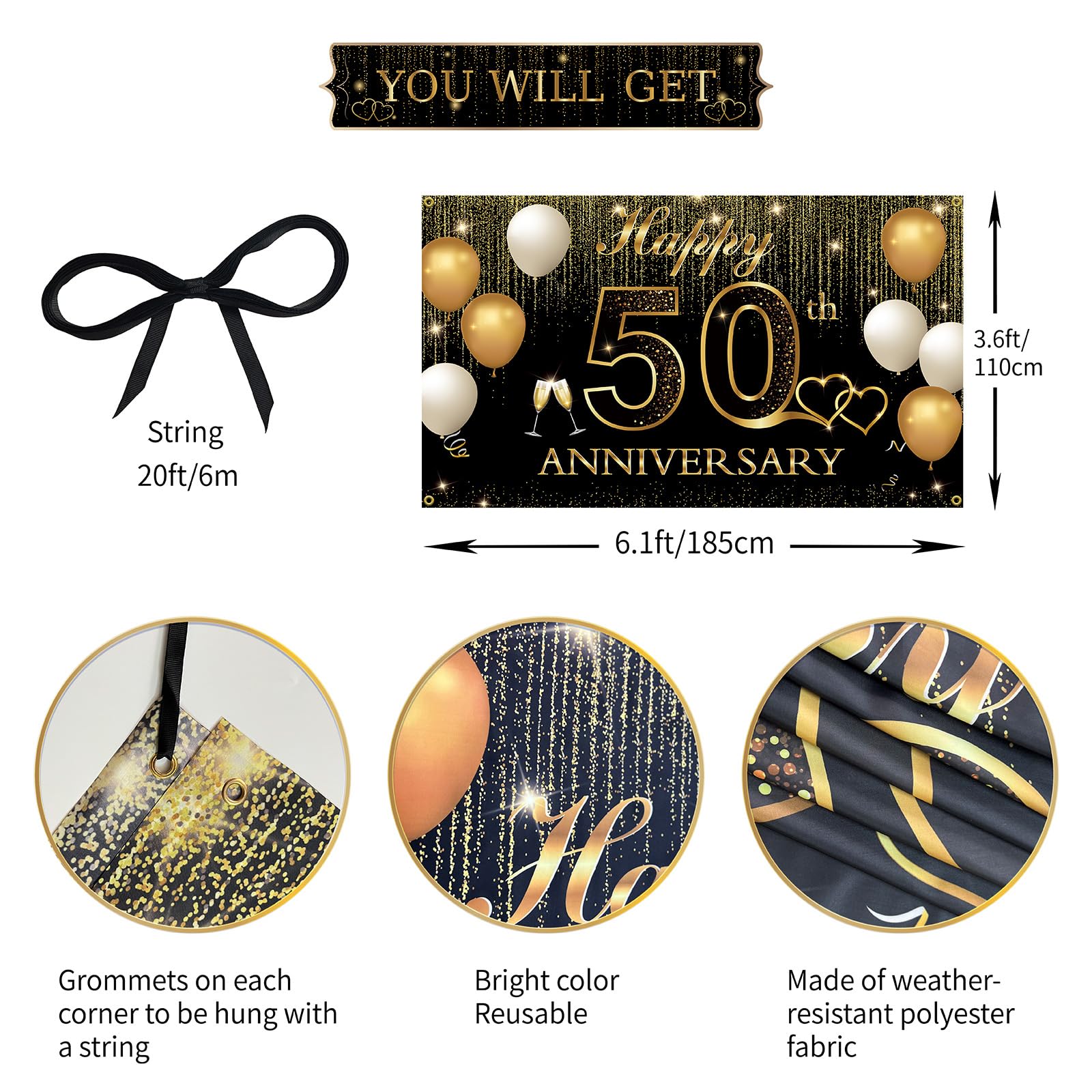 Htdzzi Golden 50Th Wedding Anniversary Decorations, Happy 50Th Anniversary Banner Backdrop, 50 Year Wedding Anniversary Party De