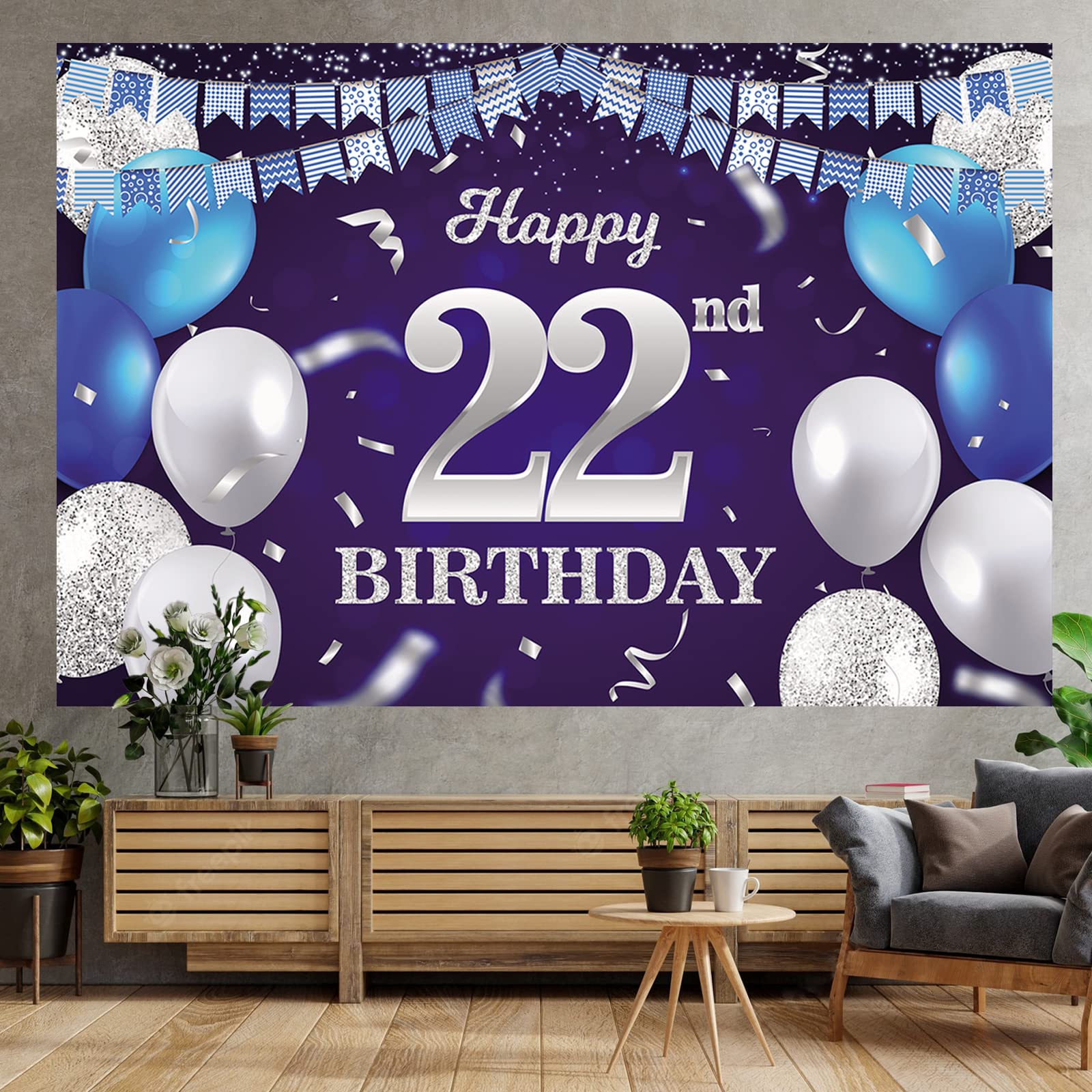 Happy 22Nd Birthday Banner Backdrop Navy Blue Balloons Confetti Stripe Flag Light Spots Cheers To 22 Years Old Theme Decorations