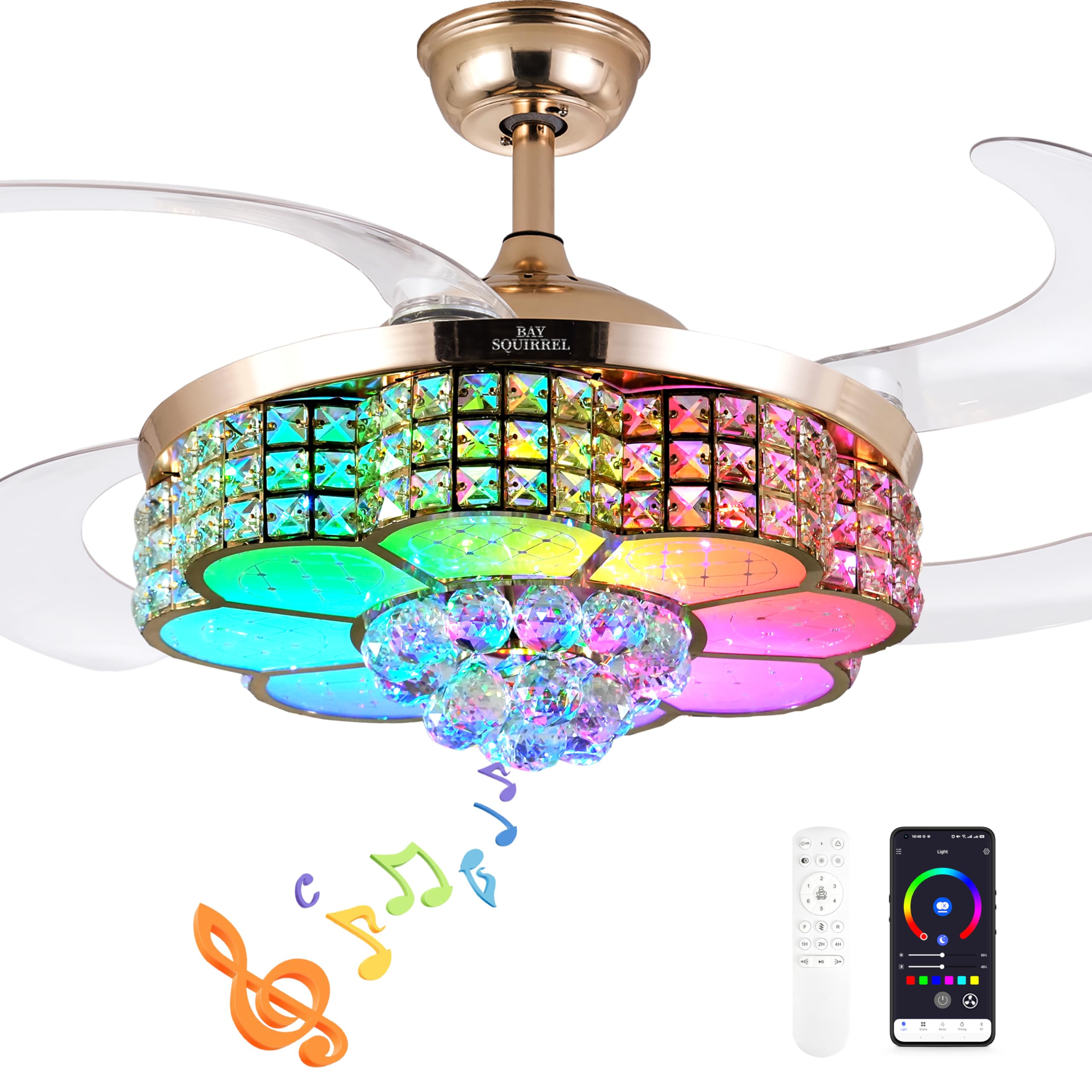BAYSQUIRREL Retractable Crystal Ceiling Fan with Light, Bluetooth Ceiling Fan with Speaker, RGB-LED Light 6 Speed Reversible Low