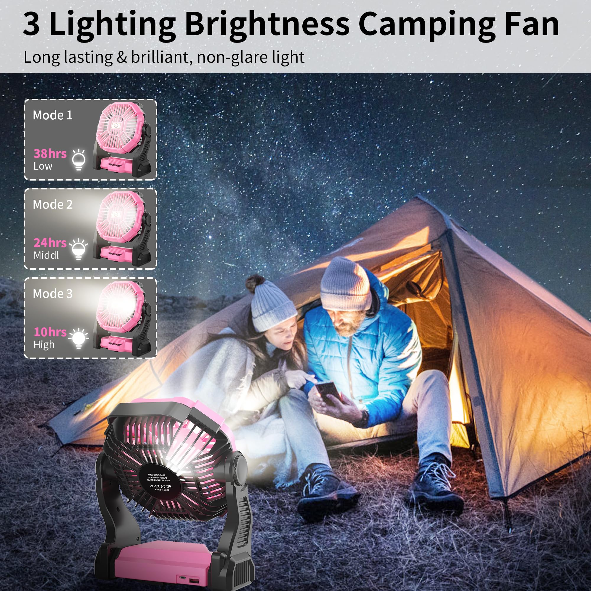Tdlol Rechargeable Fan Battery Powered Fan,Portable Camping Fan With Led Lights & 360Hook,Battery Operated Fan For Camping,Cordl