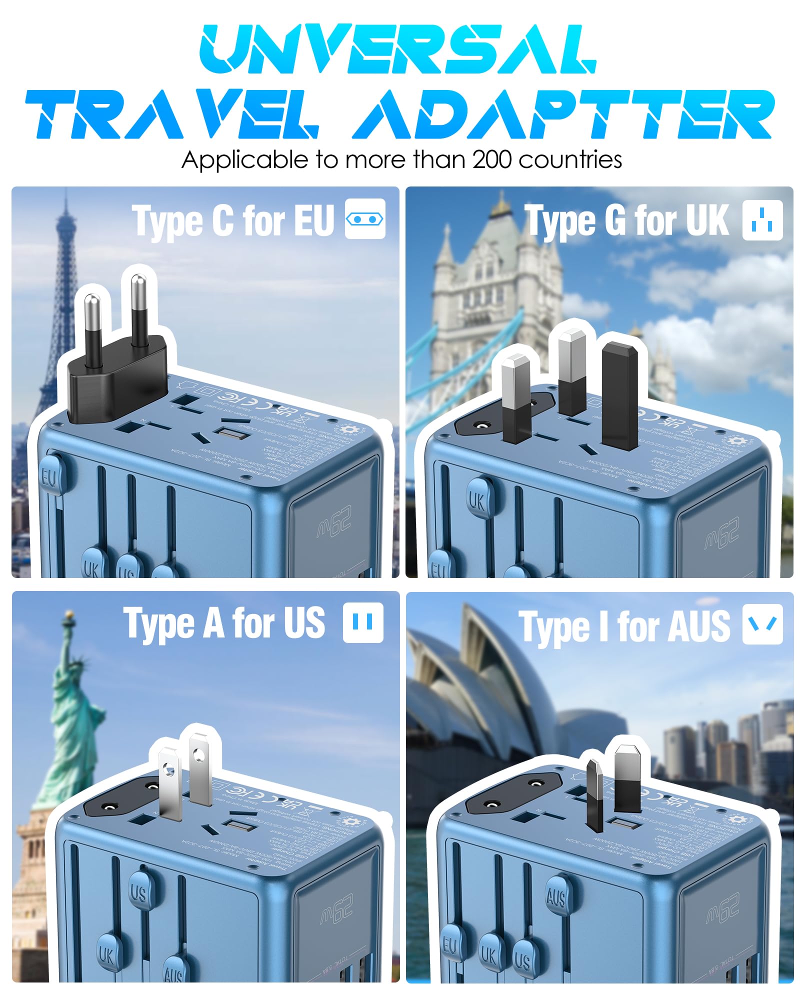 Urjd Universal Travel Adapter Offers 5.8A 3X 3.0A Usb C Ports, 2X 2.4A Usb A Ports And Multi Ac Outlet, International Power Plug