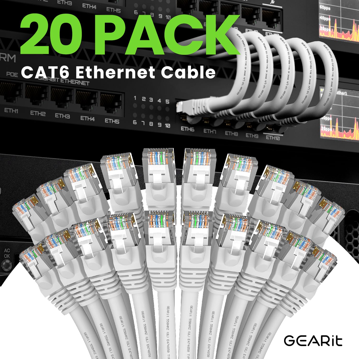 Gearit Cat 6 Ethernet Cable 3 Ft (20 Pack)   Cat6 Patch Cable, Cat 6 Patch Cable, Cat6 Cable, Cat 6 Cable, Cat6 Ethernet Cable,