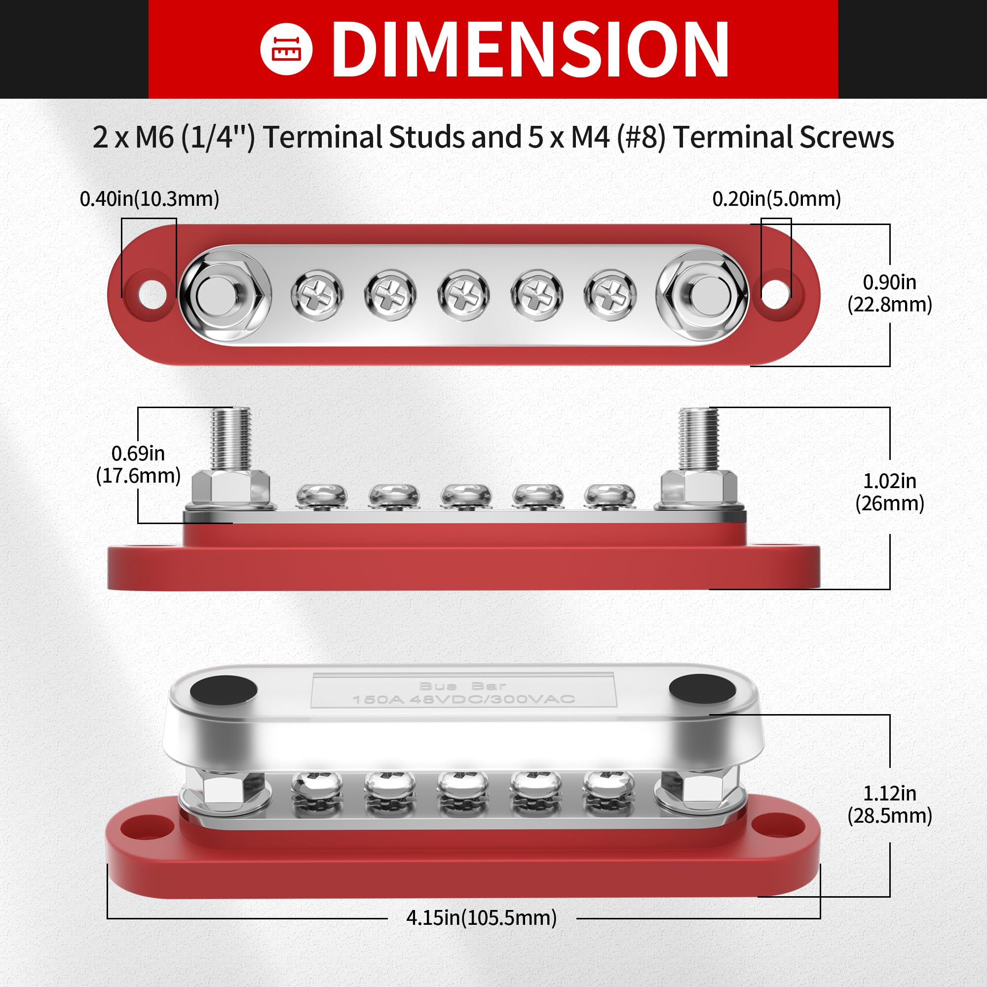 Daiertek 12V Bus Bar 150A Small Battery Power Distribution Block 12 Volt Positive & Negative Terminal Block Busbar 2 X 1/4'' Ter