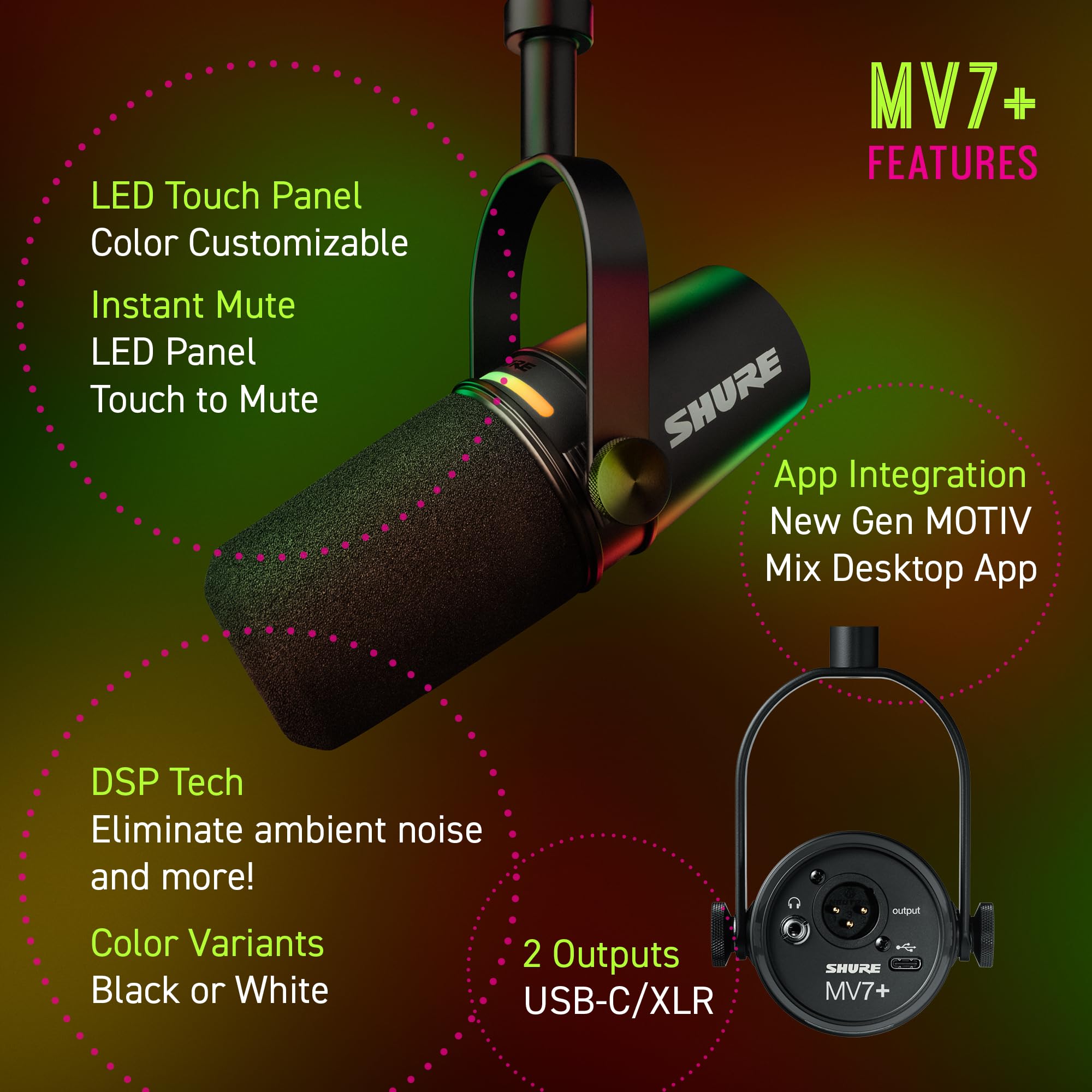 Shure Mv7+ Podcast Microphone. Enhanced Audio, Led Touch Panel, Usb C & Xlr Outputs, Auto Level Mode, Digital Pop Filter, Reverb