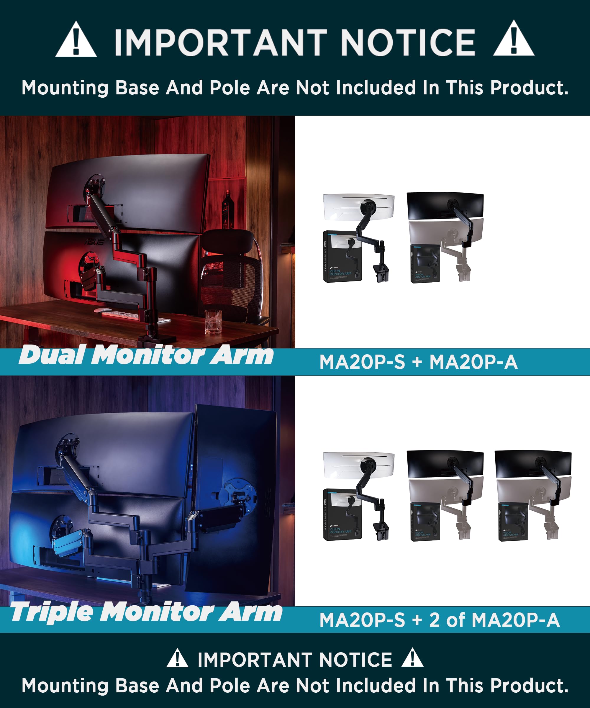 Ultrarm Heavy Duty Extension Arm [Accessory Only   Requires Ma20P S Single Monitor Arm For Use] Dual 49'' Vertical Stacked Monit