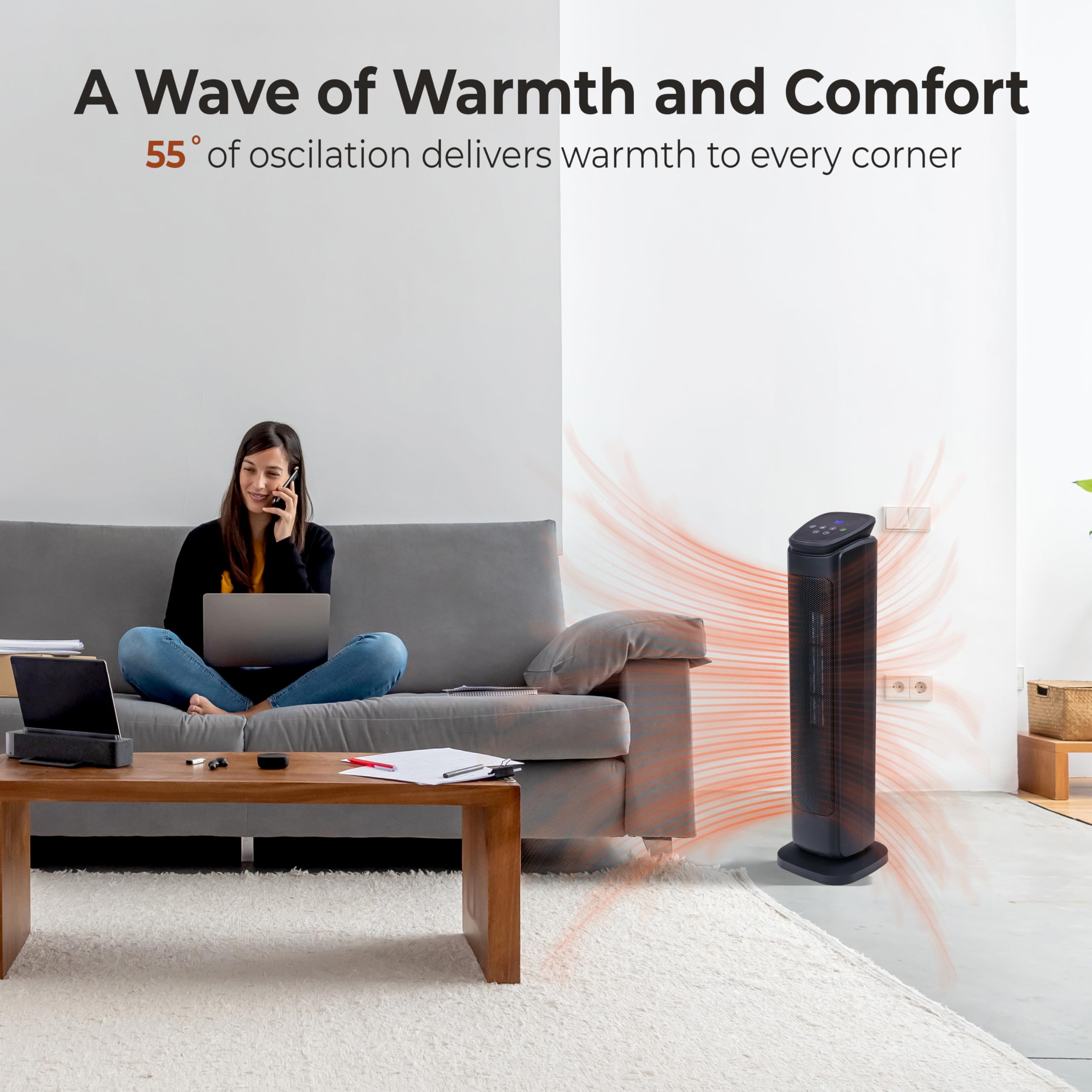 Comfort Zone Space Heaters For Indoor Use, 30 Inch, Remote Control, Thermostat, 12H Timer, 50 Degree Oscillation, 4 Modes, Porta