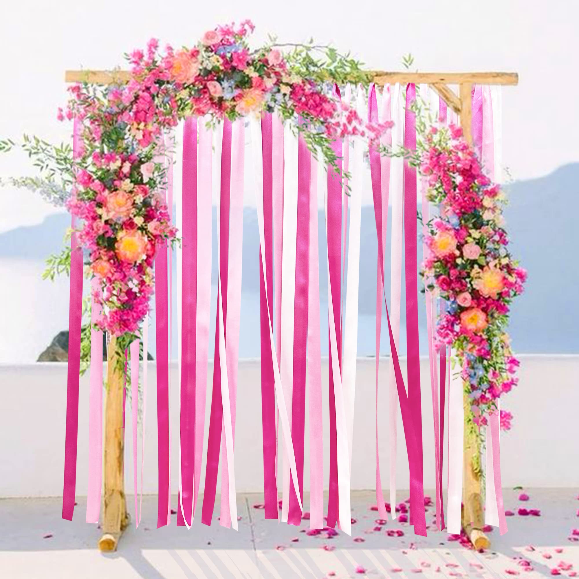 Hot Pink Party Decorations Ombre Pink Satin Ribbon Streamer Backdrop 197 Ft    1.97'' Wide Fringe Hanging Curtain Garland For Ba