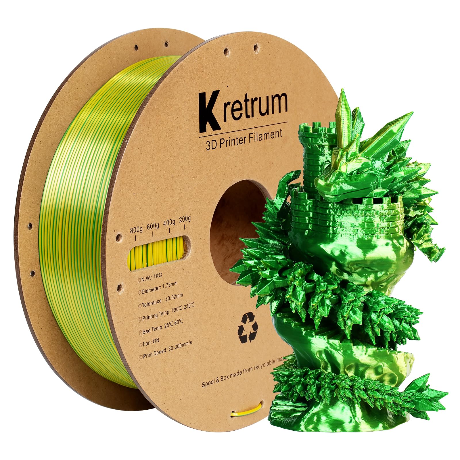 Kretrum Silk Dual Color PLA 1.75mm 3D Printer Filament 1 kg PLA Color Change 3D Printing Filament Fits Bambu Creality FlashForge
