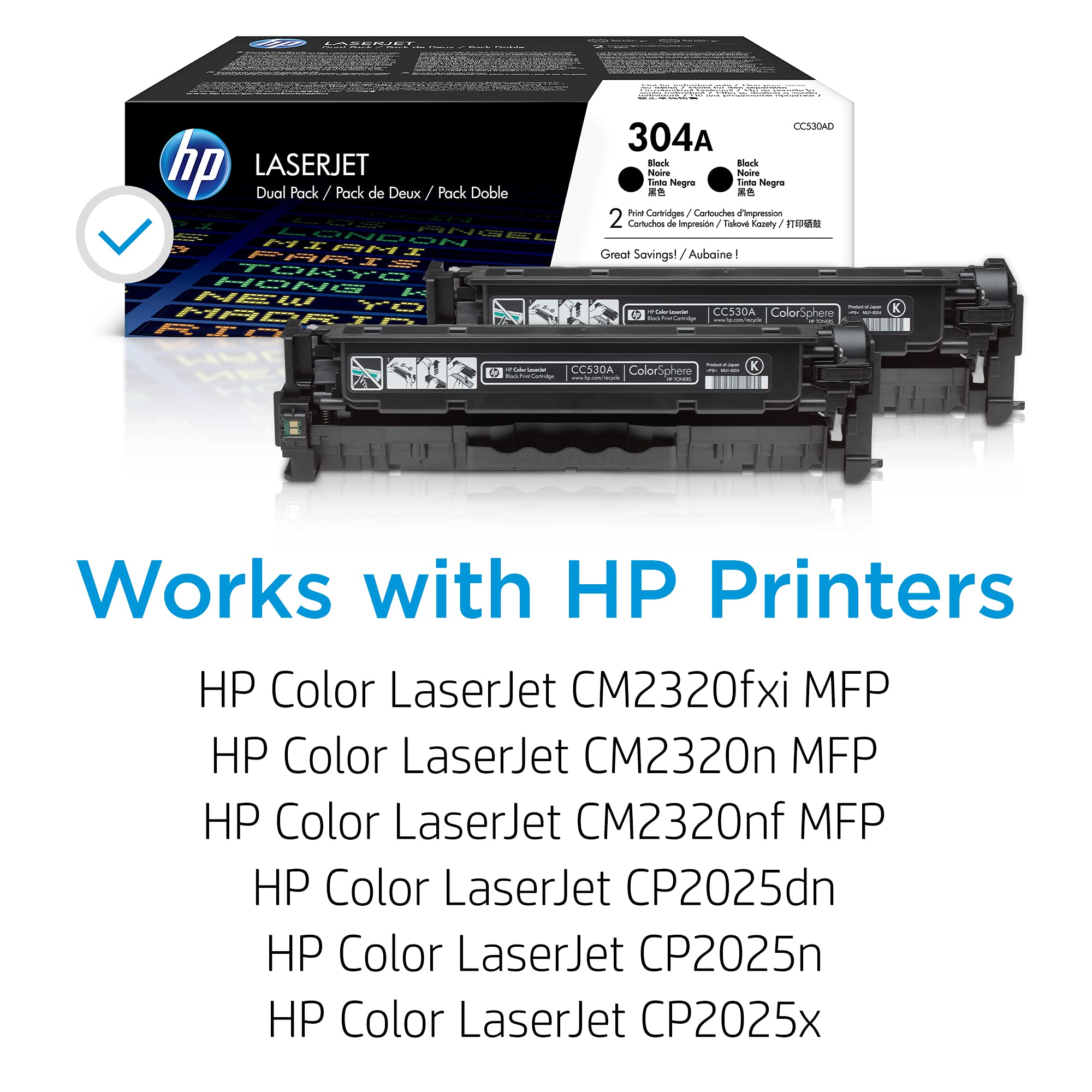 Hp Original 304A Black Toner Cartridges (2-Pack) | Works With Color Laserjet Cm2320 Mfp, Color Laserjet Cp2025 Series | Cc530Ad