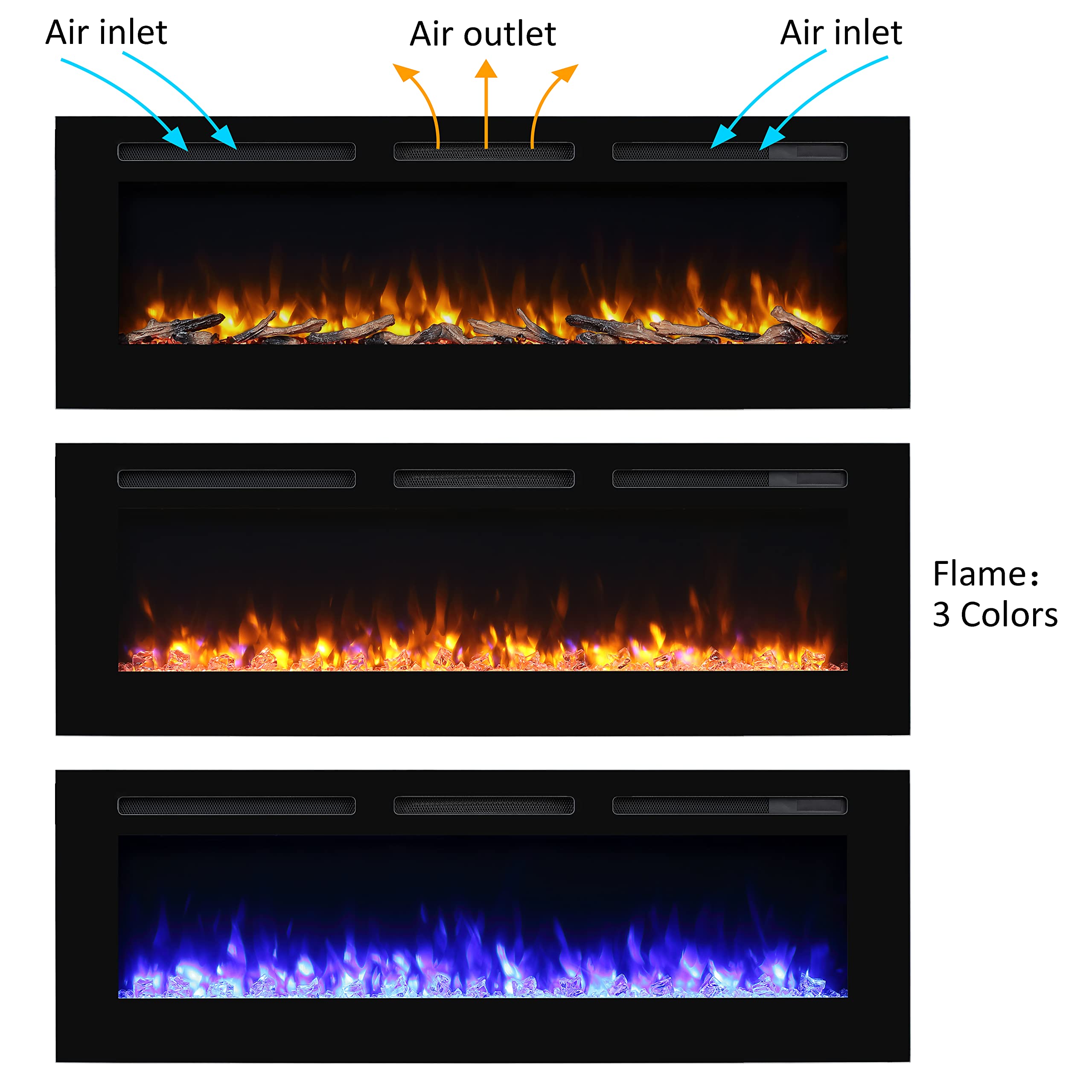 Puraflame Alice 60 Inches Recessed Electric Fireplace, Flush Mounted For 2 X 6 Stud, Log Set & Crystal, 1500W Heater, Remote Con