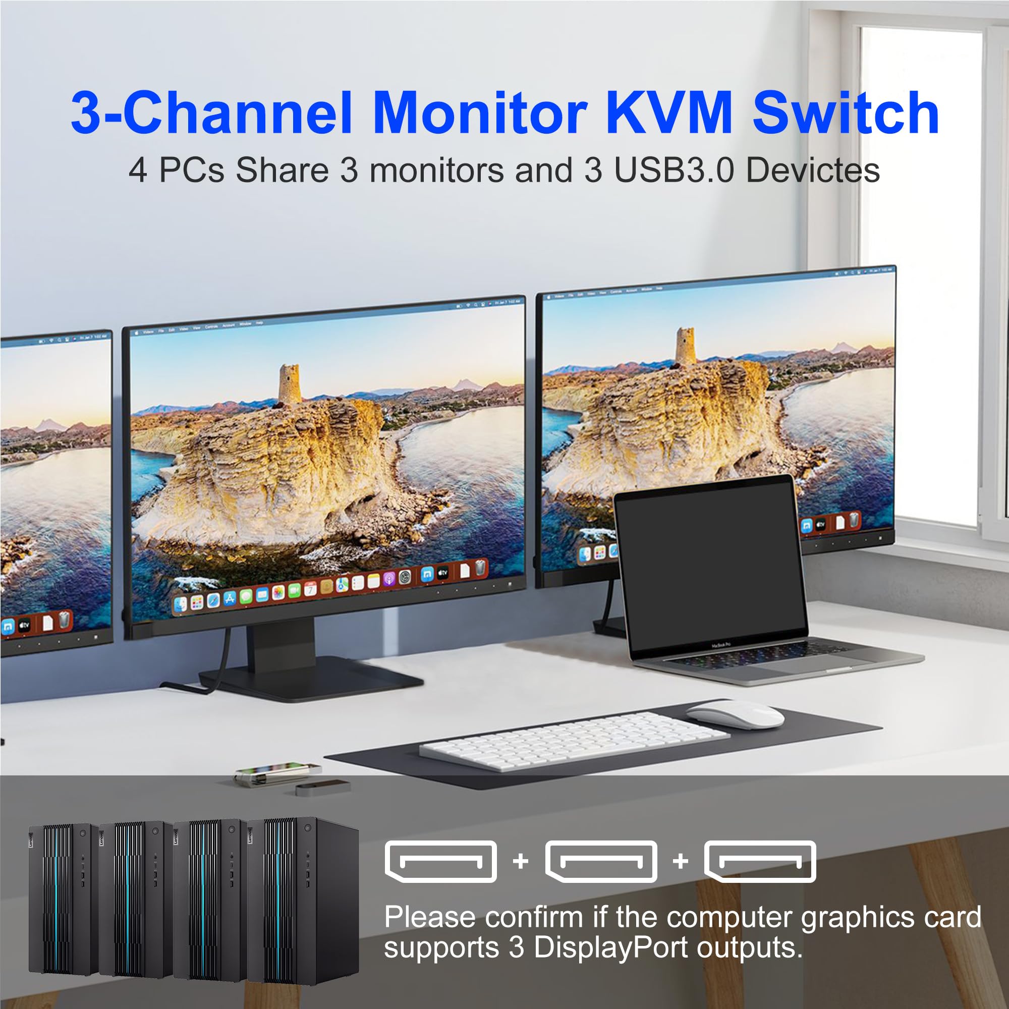 8K@60Hz Displayport Kvm Switch 3 Monitors 4 Computers 4K@144Hz, Dp 1.4 Kvm Switch Triple Monitor For 4 Computer With Audio And 3