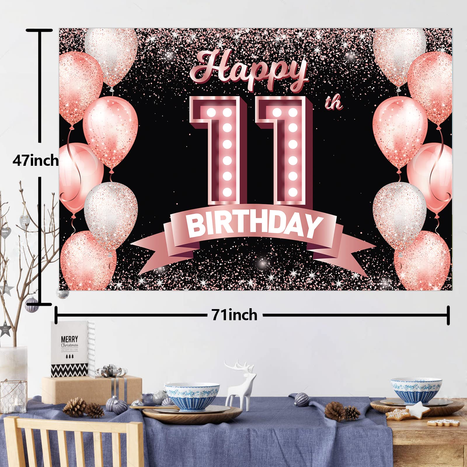 Happy 11Th Birthday Rose Gold Banner Backdrop Cheers To 11 Years Old Confetti Balloons Theme Decor Decorations For Girls 11 Year