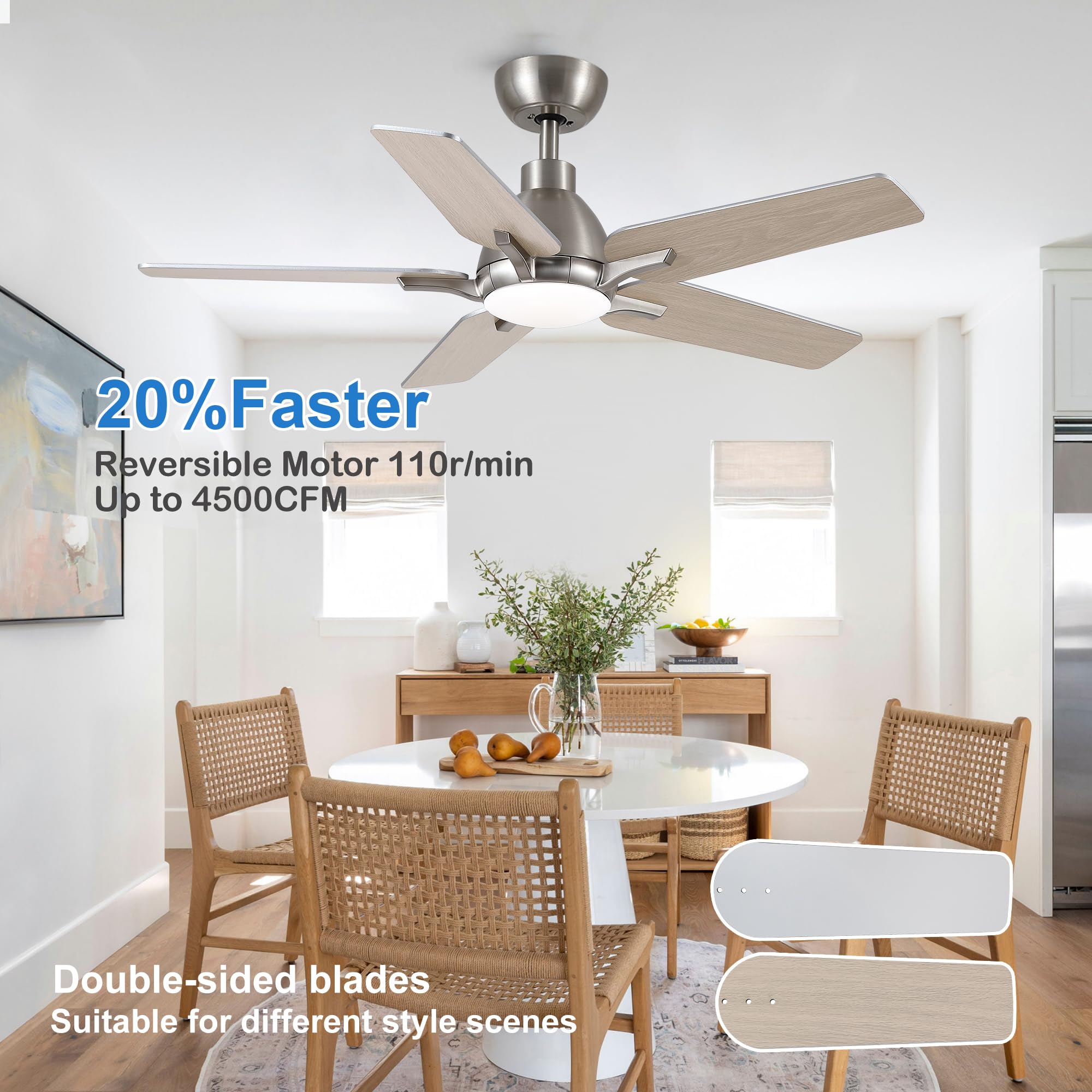 Putroad 42 Inch Ceiling Fans With Lights, Brushed Nickel Ceiling Fan With Remote, Modern Ceiling Fan For Bedroom, Living Room, D