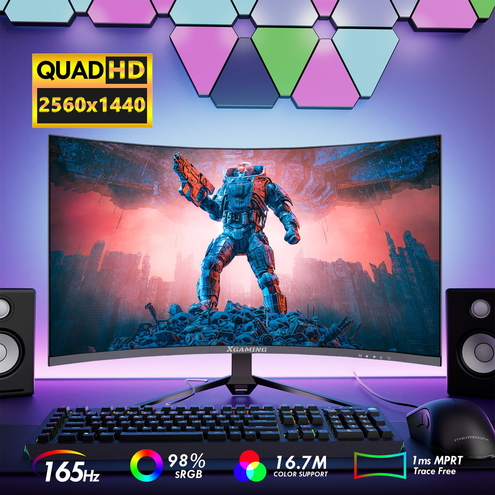 27 Inch Curved Gaming Monitor, Qhd 2560 X 1440 Computer Monitor 144Hz/165Hz, 16:9 Wide Hdr Display, Freesync, 1Ms Response, Pc M
