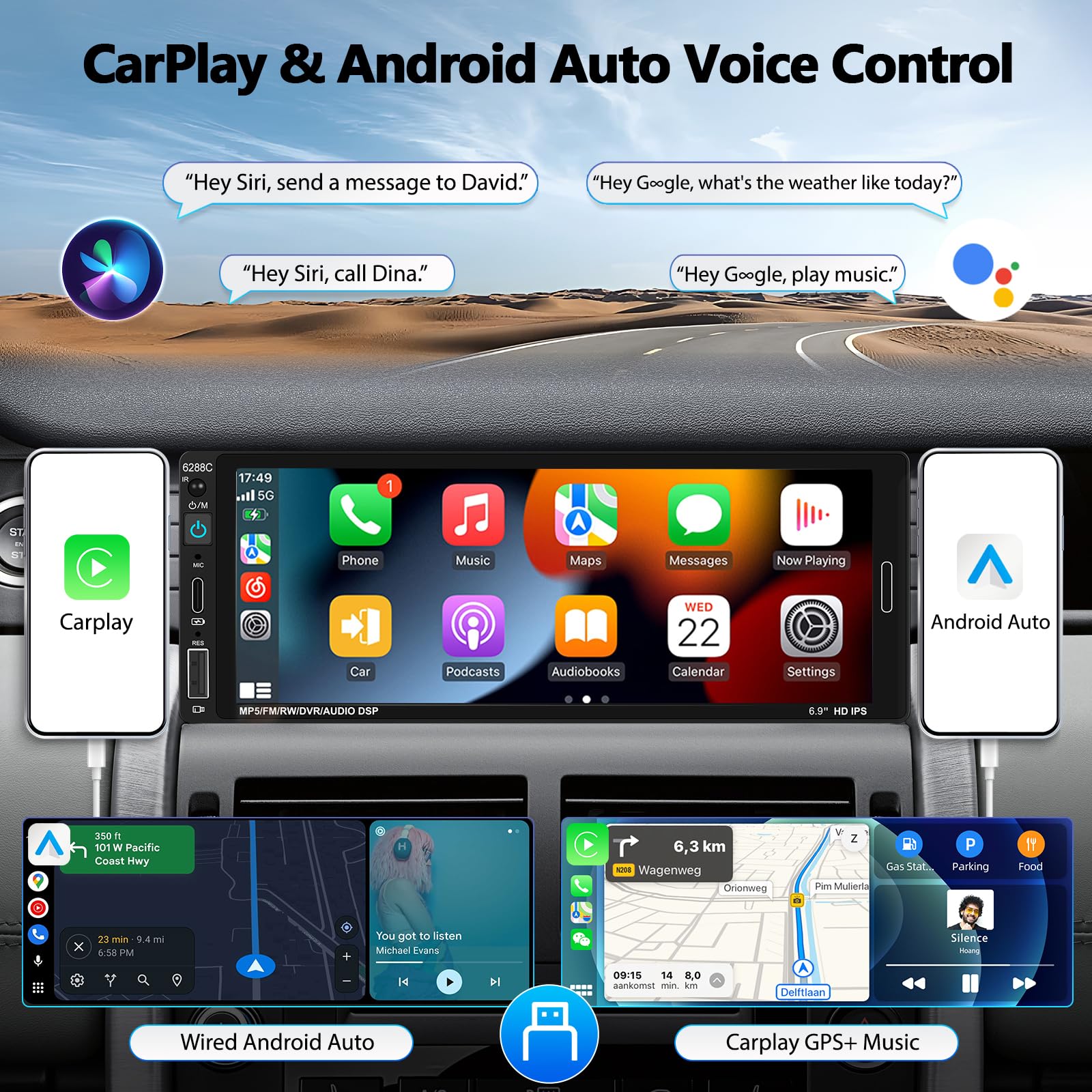 Unitopsci Single Din Bluetooth Car Stereo Compatible With Apple Carplay Android Auto 6.86 Inch Touch Screen Car Mp5 Player Mirro