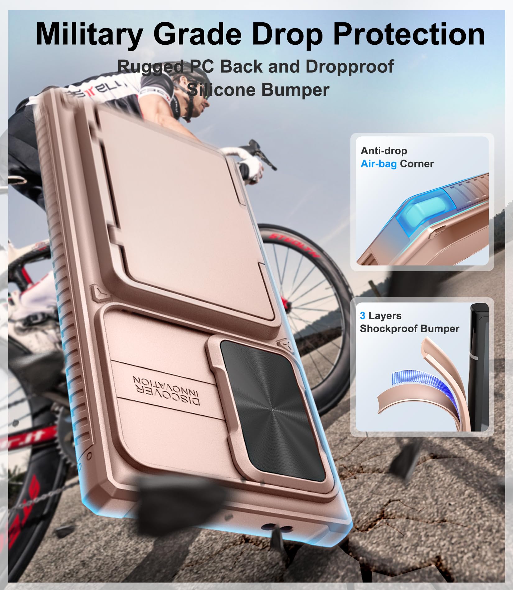 Bxyjy For Samsung Galaxy S24 Ultra Case With Card Holder (Store 4 5 Cards) & Slide Lens Cover & Stand, Military Grade Drop Prote